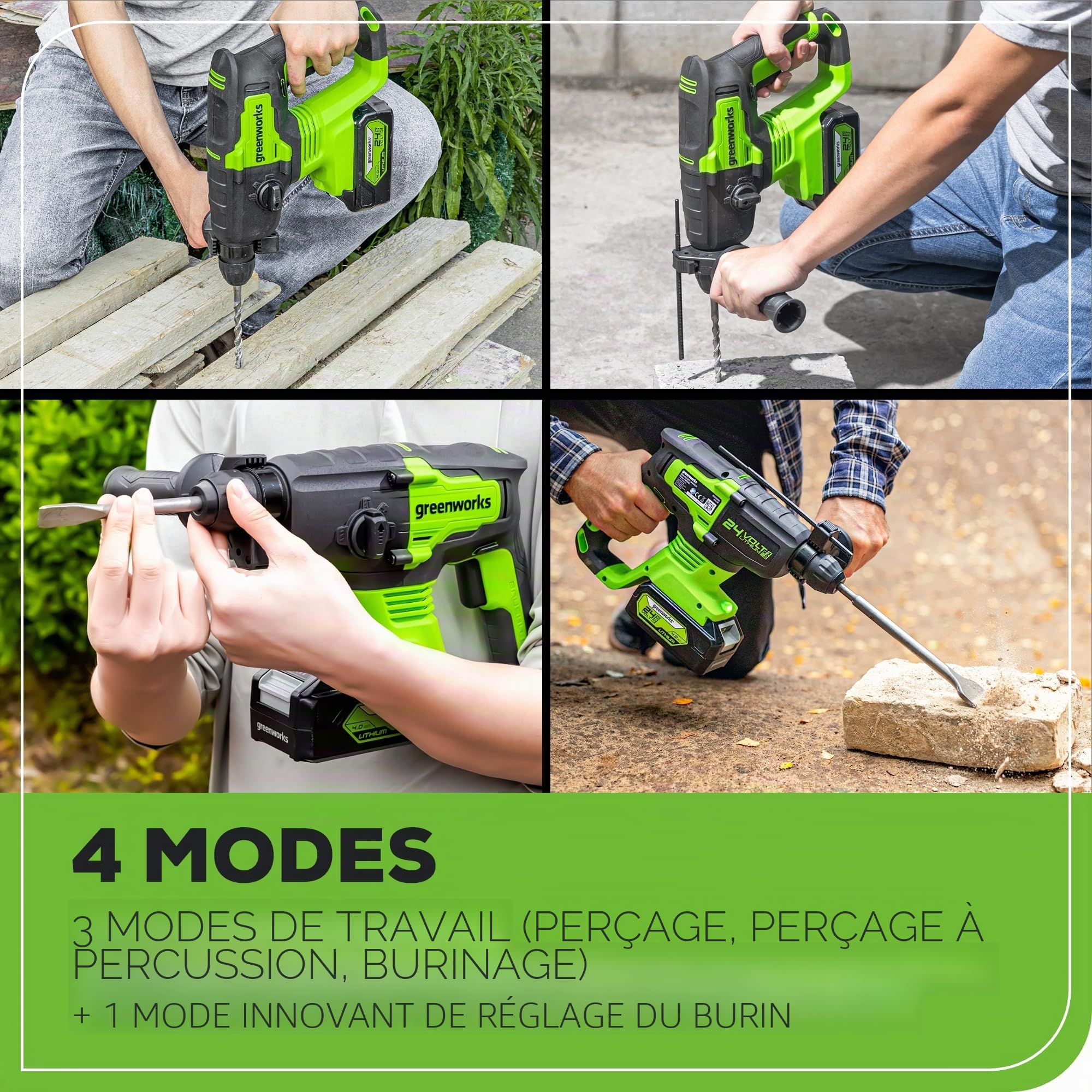 Greenworks Marteau perforateur 24 V 2J et visseuse à percussion Combo 300 Nm, avec batterie 4 Ah et chargeur