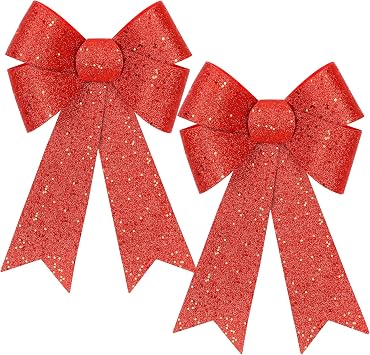 2 PCS Christmas Bows, 12 x 18 IN Christmas Bows Outdoor, Glitter Red Xmas Decorations Velvet PVC Large Christmas Bows Indoor Outdoor Christmas Wreath Bows Hanging Decor for Fence Fireplace Stairs
