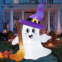 JOYIN 6 FT Tall Halloween Inflatables Ghost Outdoor Decorations, Cute Blow Up Ghost Holding Broom with LED, Blow Up Yard Decorations for Halloween Outdoor Yard Garden Lawn Party Decor