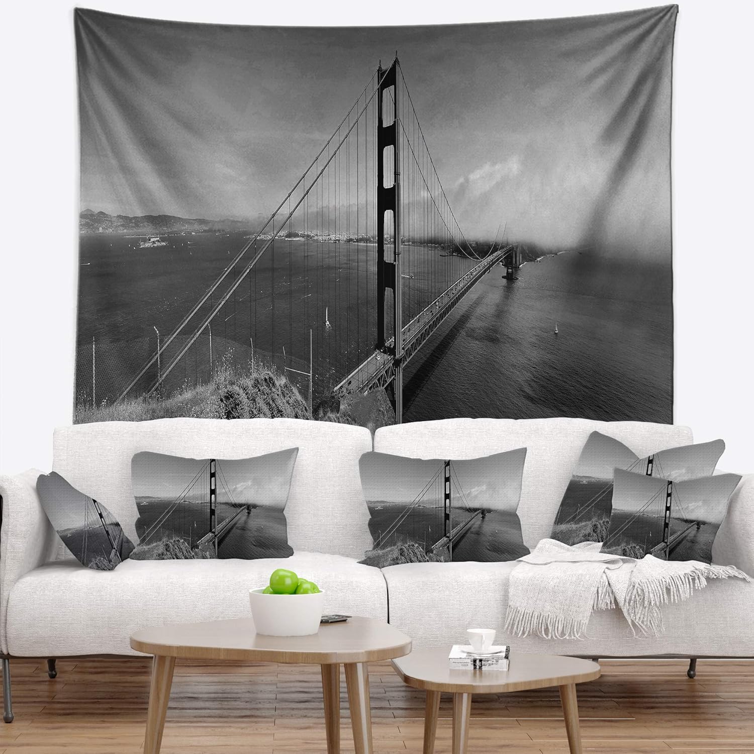 Designart ' Golden Gate Gray Panorama' Sea Bridge Tapestry Blanket Décor Wall Art for Home and Office x Large: 92" x 78"