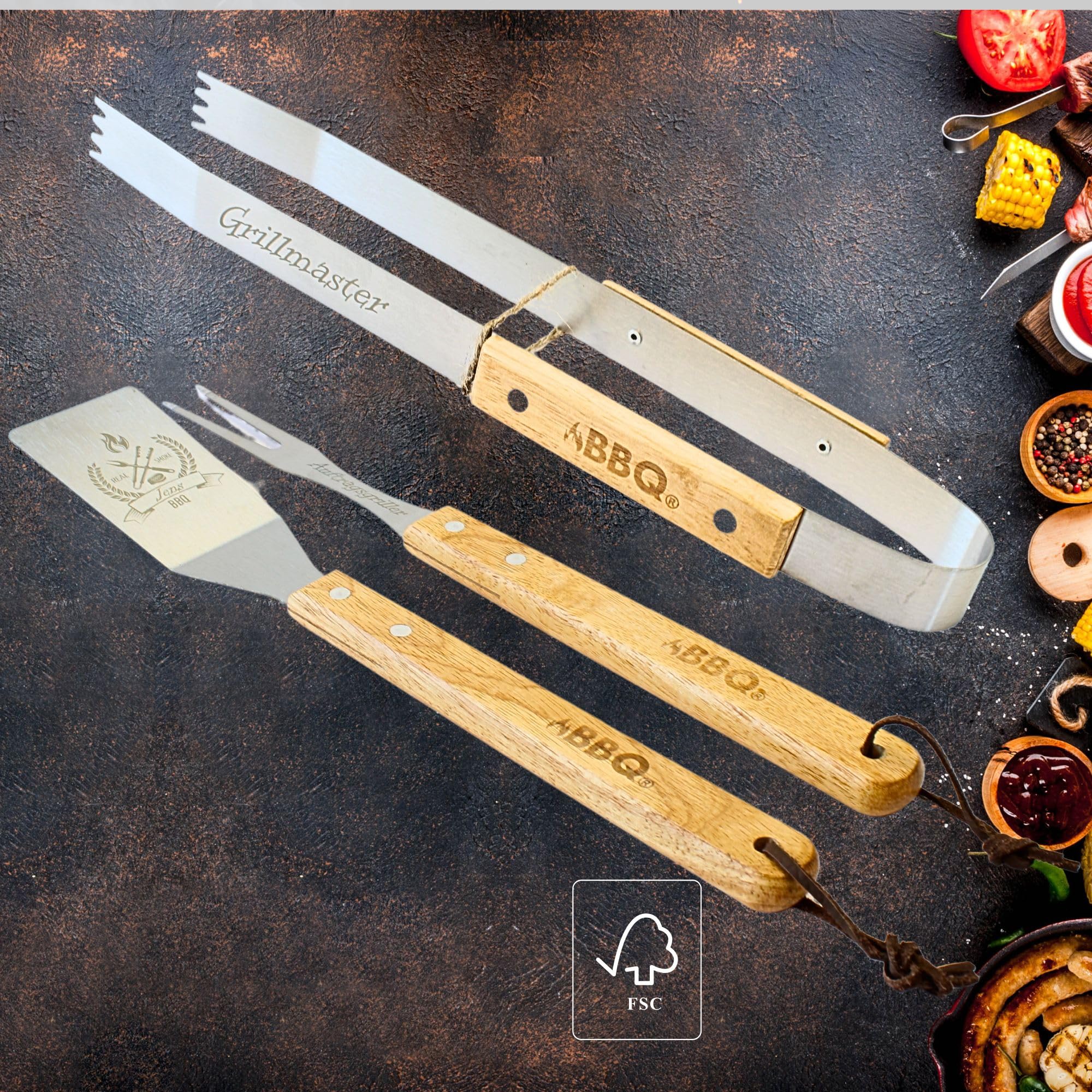 Grill-Set mit Gravur Edelstahl – BBQ Geschenkset OPTIONAL mit Akazienbrett – Grillzubehör für Männer Vater Geburtstag Opa Freund Vatertag (Set 4)
