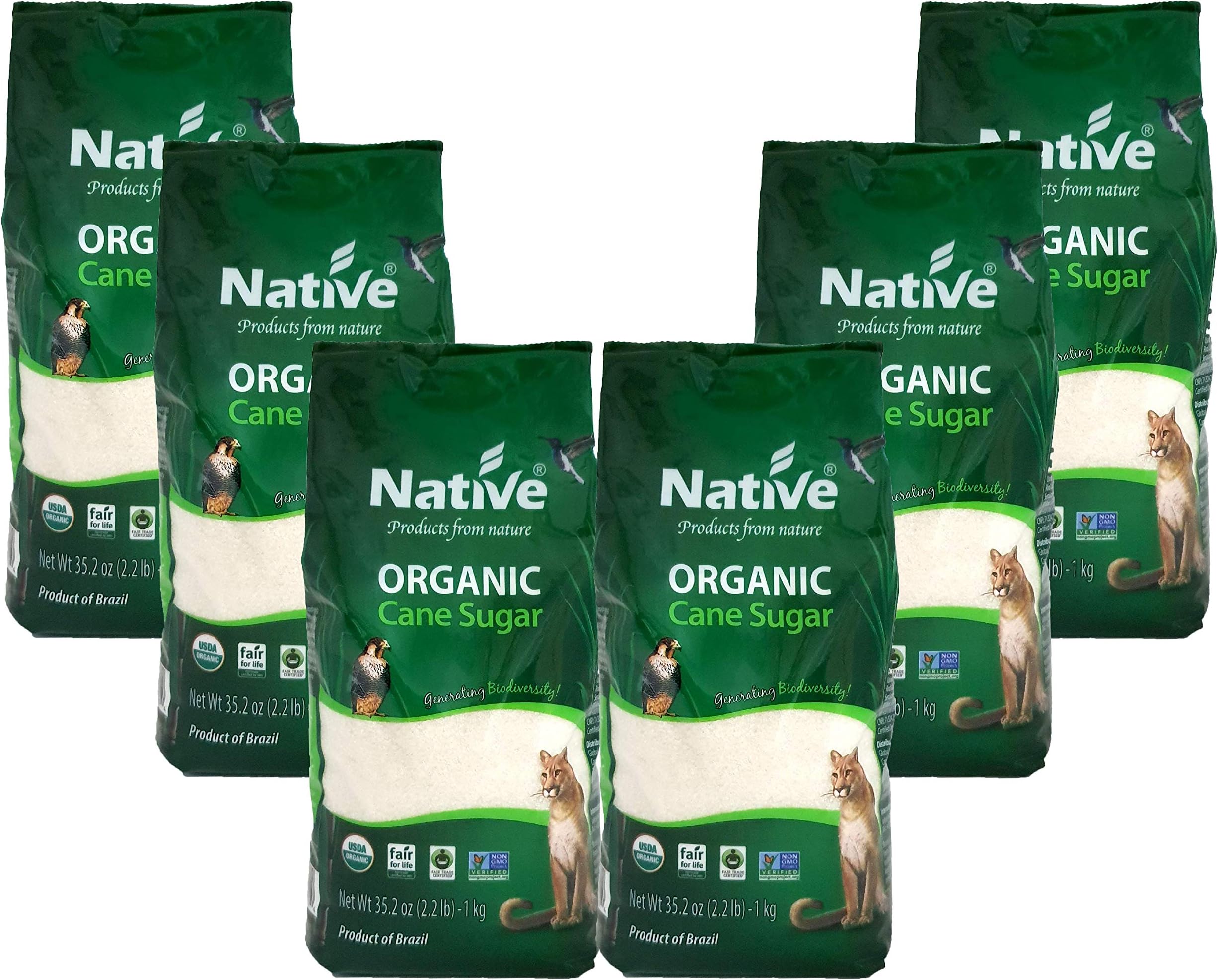Native Organic Products White Crystal Cane Sugar, 2.2 lb Bags (Pack of 6)