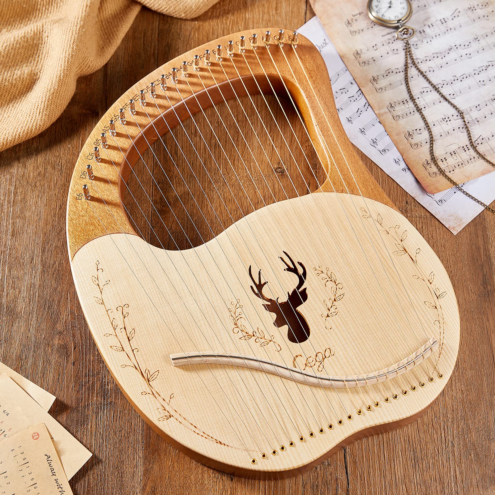 YIWENG Cega 21 Metallsaiten Lyre Harp Box Lyre Harfe Fichte Topboard Mahagoni Backboard Saiteninstrument mit Stimmschlüssel Saiten Plektren Musiknotenaufkleber,Leierharfe mit Stimmschlüssel