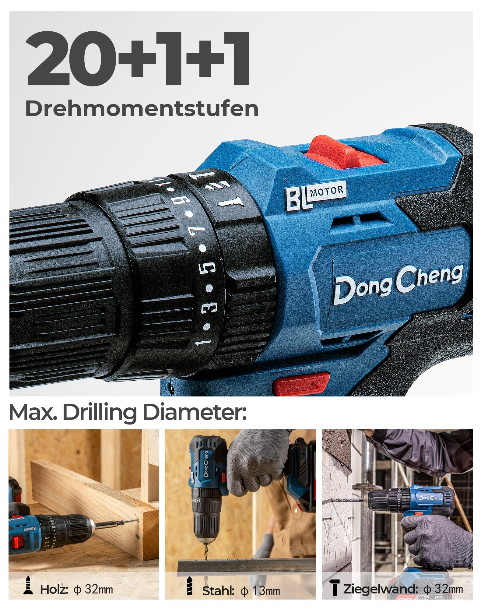 Dong Cheng Akku-Schlagbohrschrauber-Set 20V 50Nm, bürstenlose Schlagbohrmaschine (2x2,0 Ah), 20+1+1 Drehmomentstufen Akkubohrer, 2 Gang, 13mm Bohrfutt