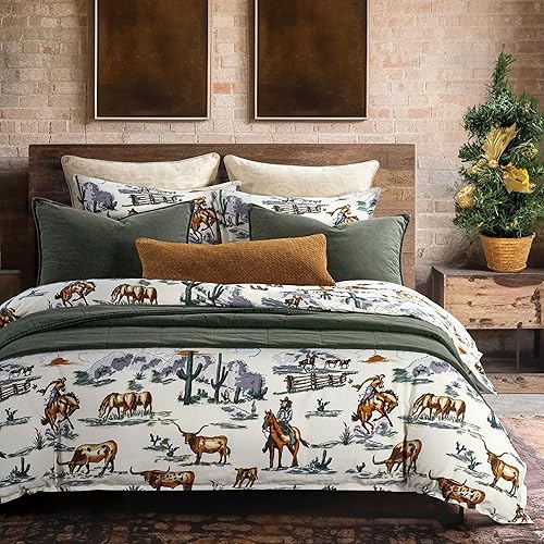 Paseo Road Ranch Life Western Bedding - Juego de funda de edredón de algodón de 3 piezas, tamaño King, estampado de ropa de cama verde de cuernos