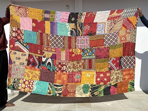 Edredón Kantha de algodón vintage indio de 55 x 85 pulgadas, parches surtidos de algodón Kantha bordado a mano, juego de 1, tamaño individual
