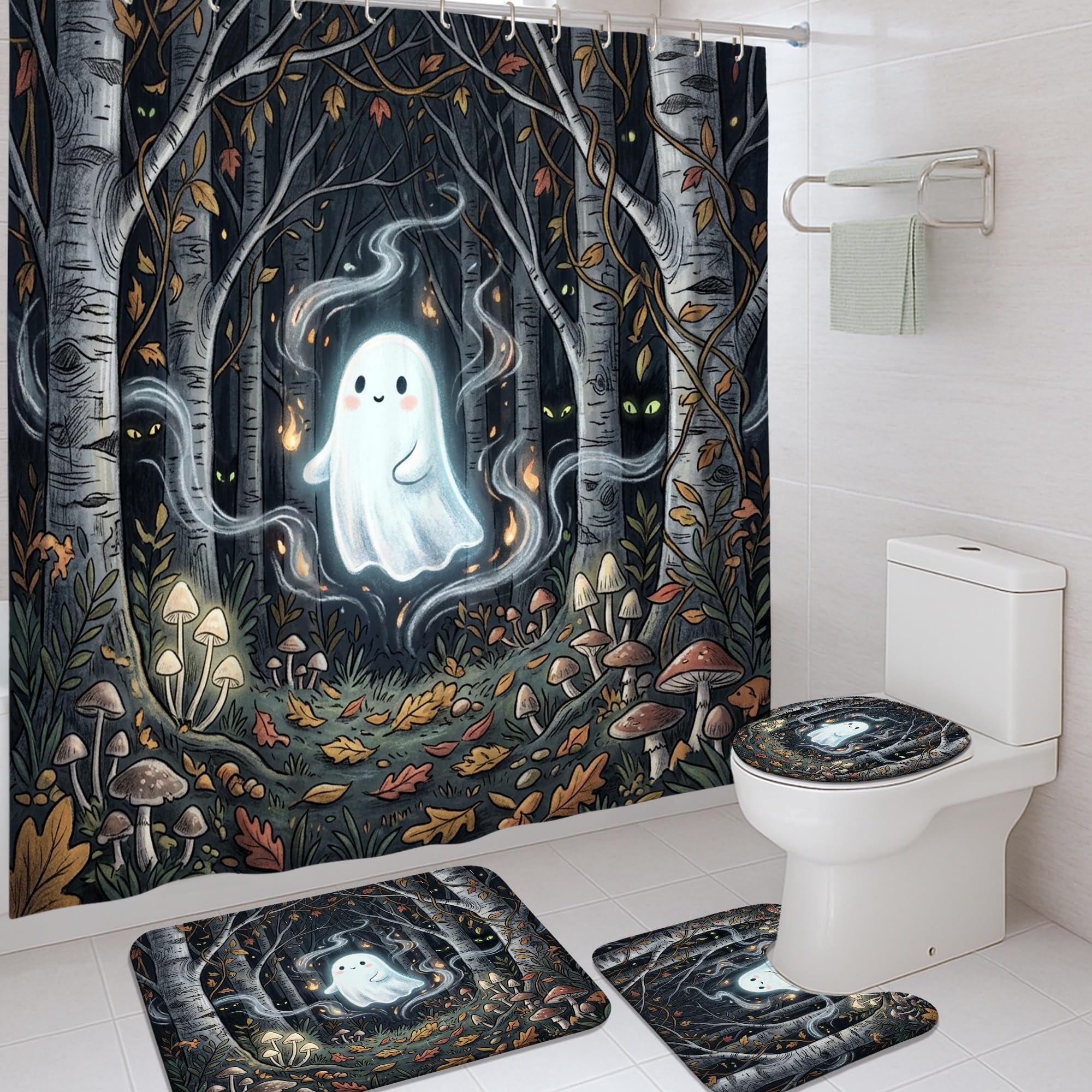 Rideau de douche fantômes et champignons pour ambiance mystique d'Halloween au bain