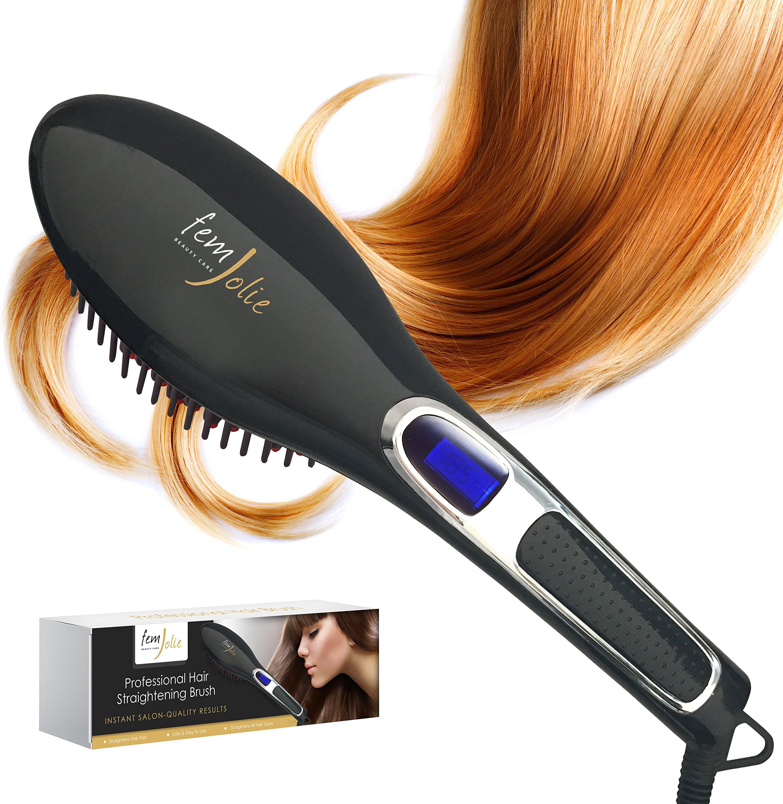 Hair Straightening Brush Best for Beauty Styling (w/Velvet Pouch, Glove) 40W Professional Heated Ceramic Straightener Comb, Black