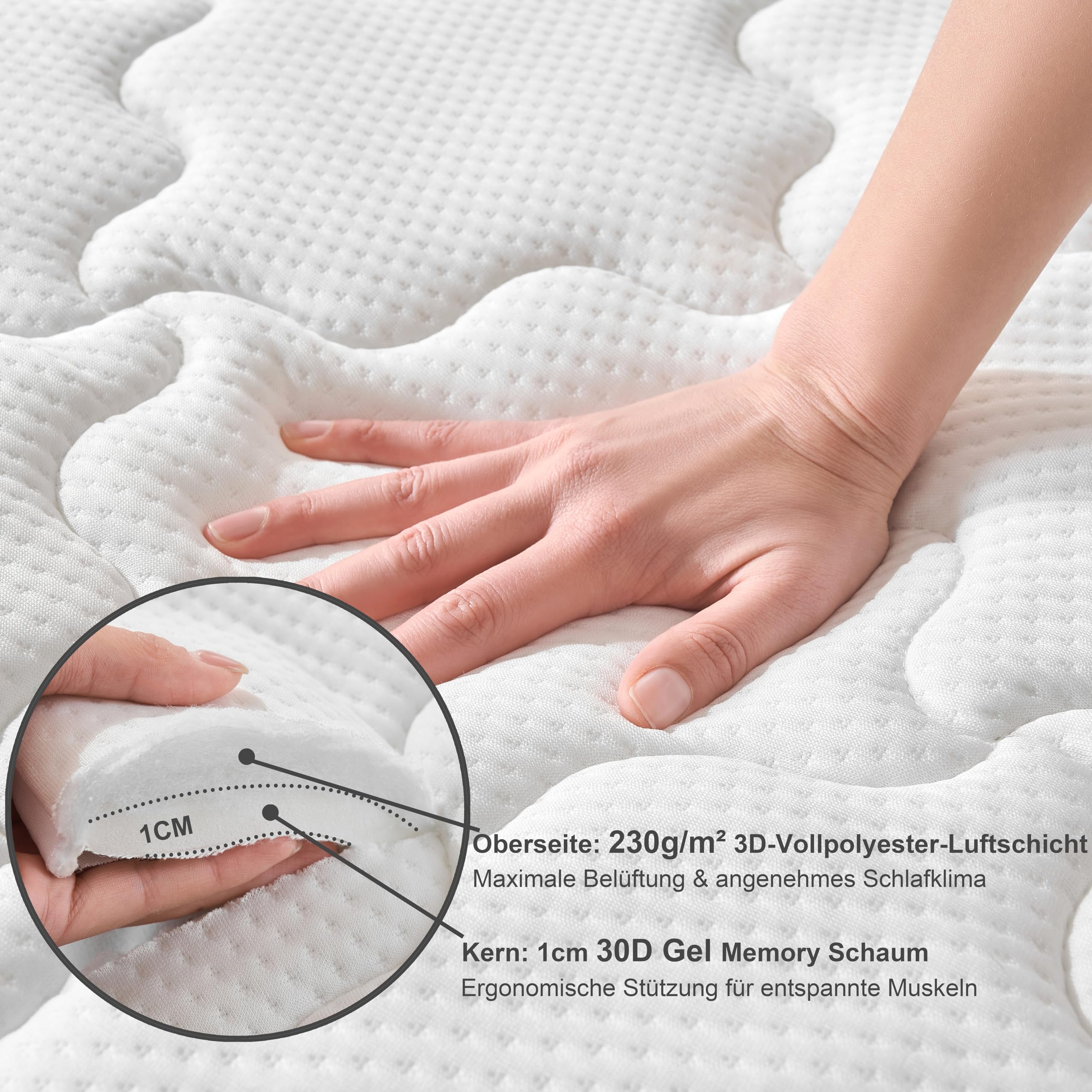 Waxberry Gel Topper 180x200cm | Oeko-TEX® zertifizierte Premium Matratzenauflage mit 30D Memory Schaum & 3D Luftschicht – Atmungsaktiv, Hautfreundlich & rutschfest Matratzen Topper, Weiß