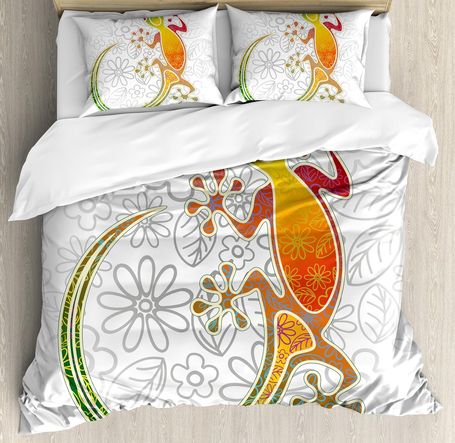 Ambesonne Batik Duvet Cover Set, Native Southeast Common House Gecko Moon Lizard Tropical Monster Graphic Design, Decorative 3 Piece Bedding Set with 2 Pillow Shams, King Size, Orange White King Orange White