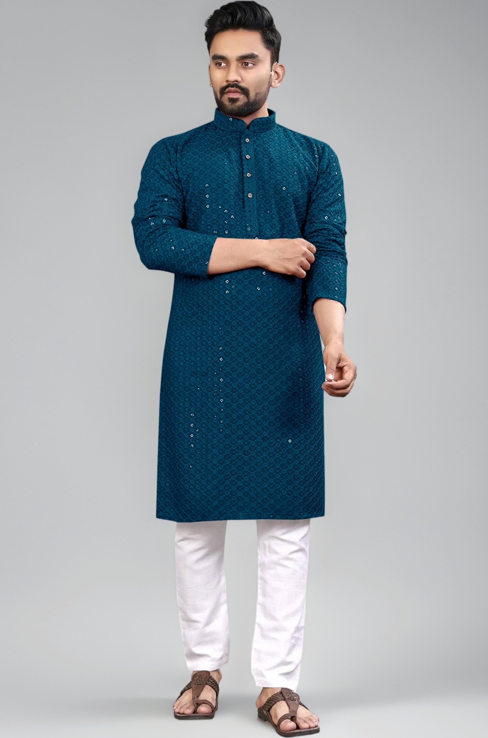 Men's Indian Ethnic Wear Straight Lucknowi Kurta