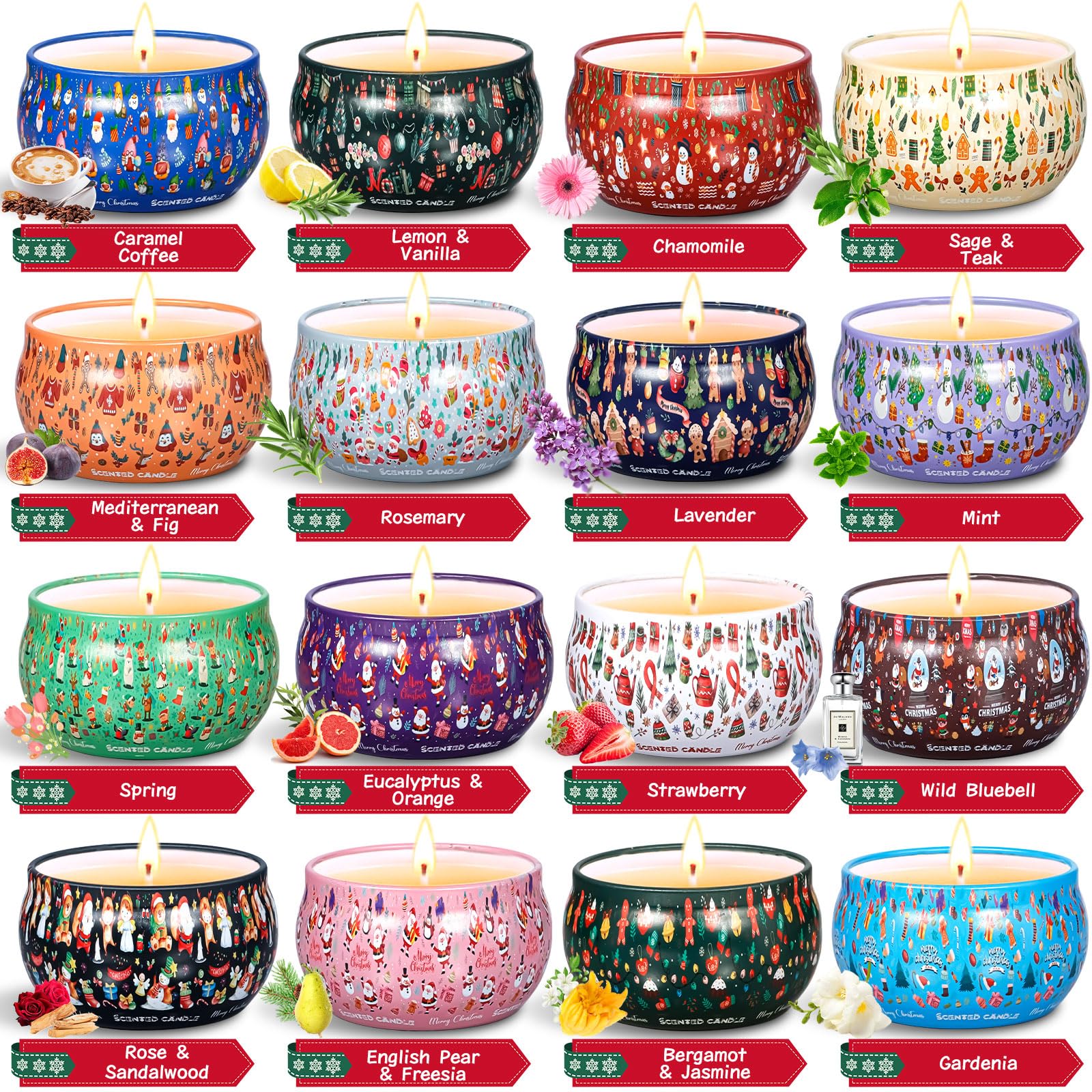 Set di 16 Candele Profumate Natalizie - Regalo, Bomboniere, Offerta per Natale, Compleanno e Decorazioni