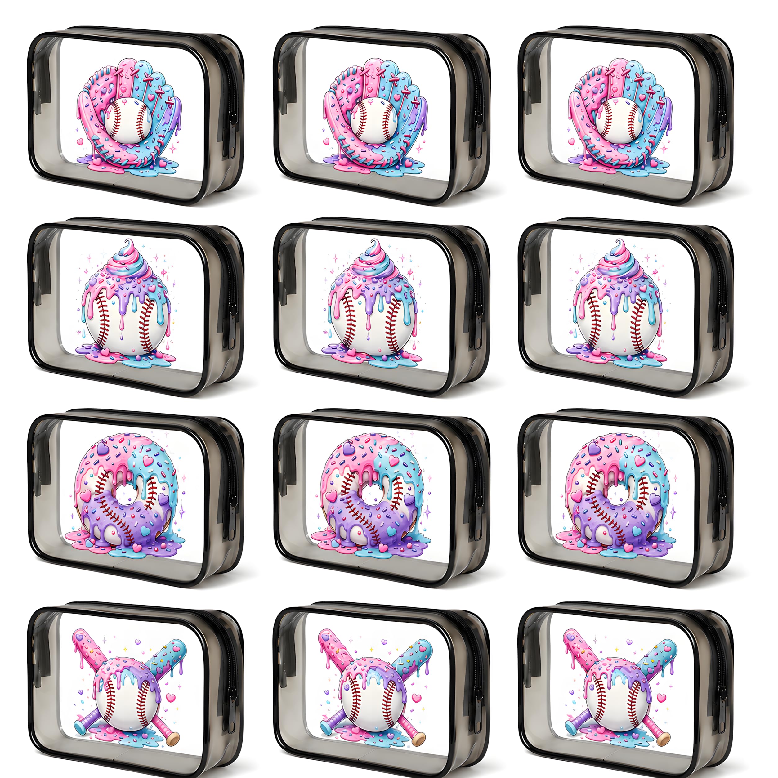 PayPie 12 Pack Ice Cream Drip Baseball Makeup Bags Bulk, Clear Baseball Cosmetic Pouch Zipper Bags, Baseball Goodie Bags for Team Gifts, Snack Bags, Party Favors, 4 Styles