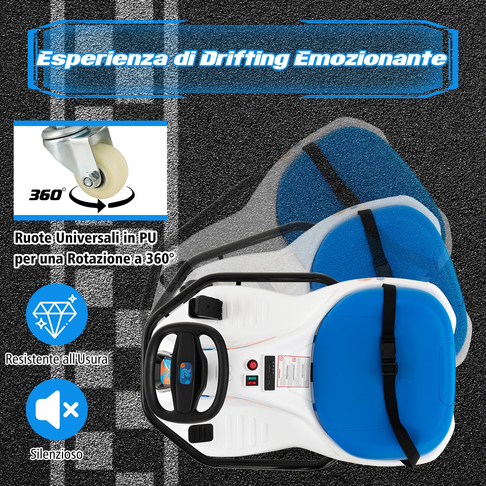 COSTWAY 24 V Go Kart per bambini, Auto Drift con Giro a 360°, con Connessione Wireless USB Radio Musica e 3 Bandierine, Avviso Lento, 9-15 km/h, per Bambini 3+ Anni