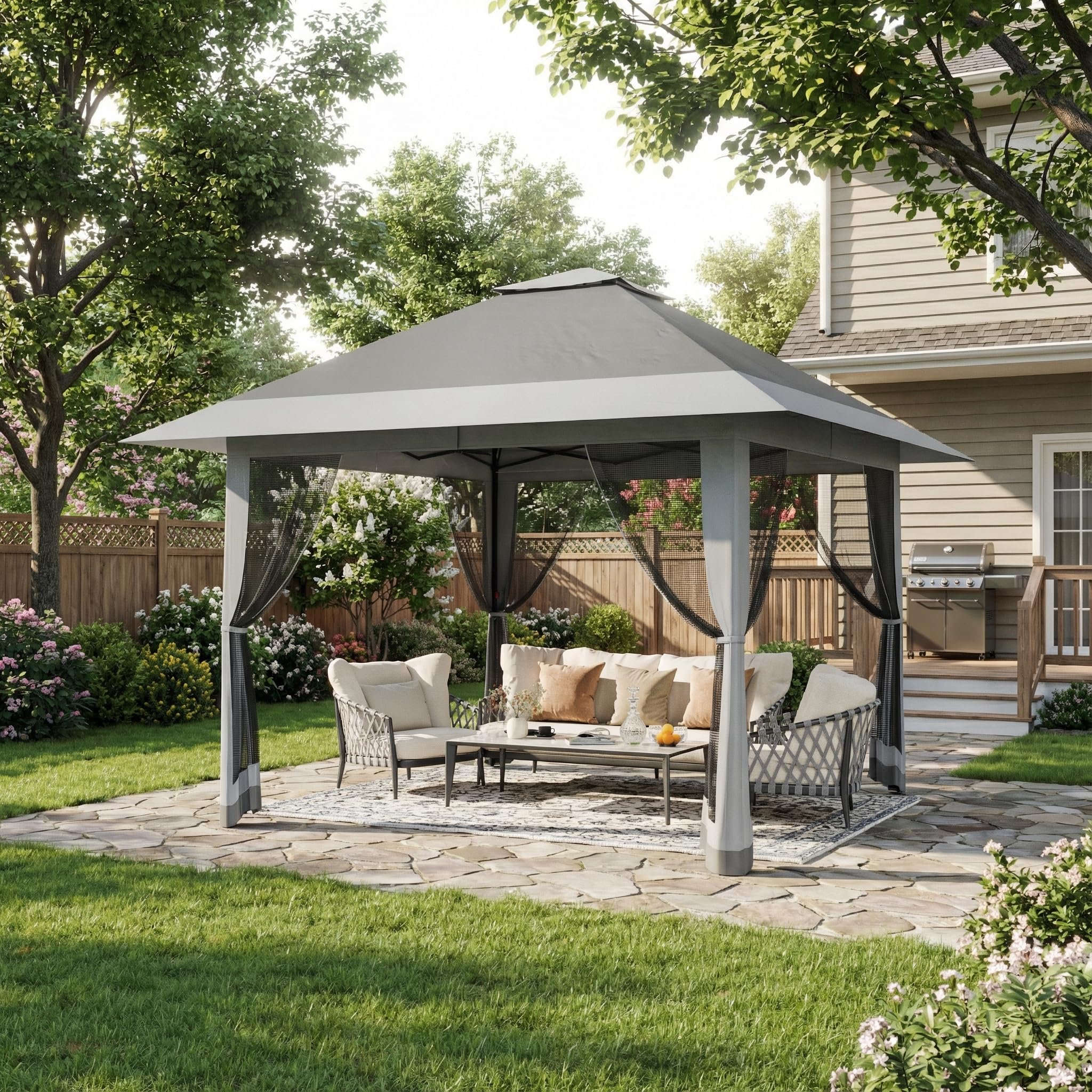 4m x 4m Heavy Duty Pop Up Gazebo, Waterproof Garden Tent with 4 Mesh Sides & Metal Frame - Image 5