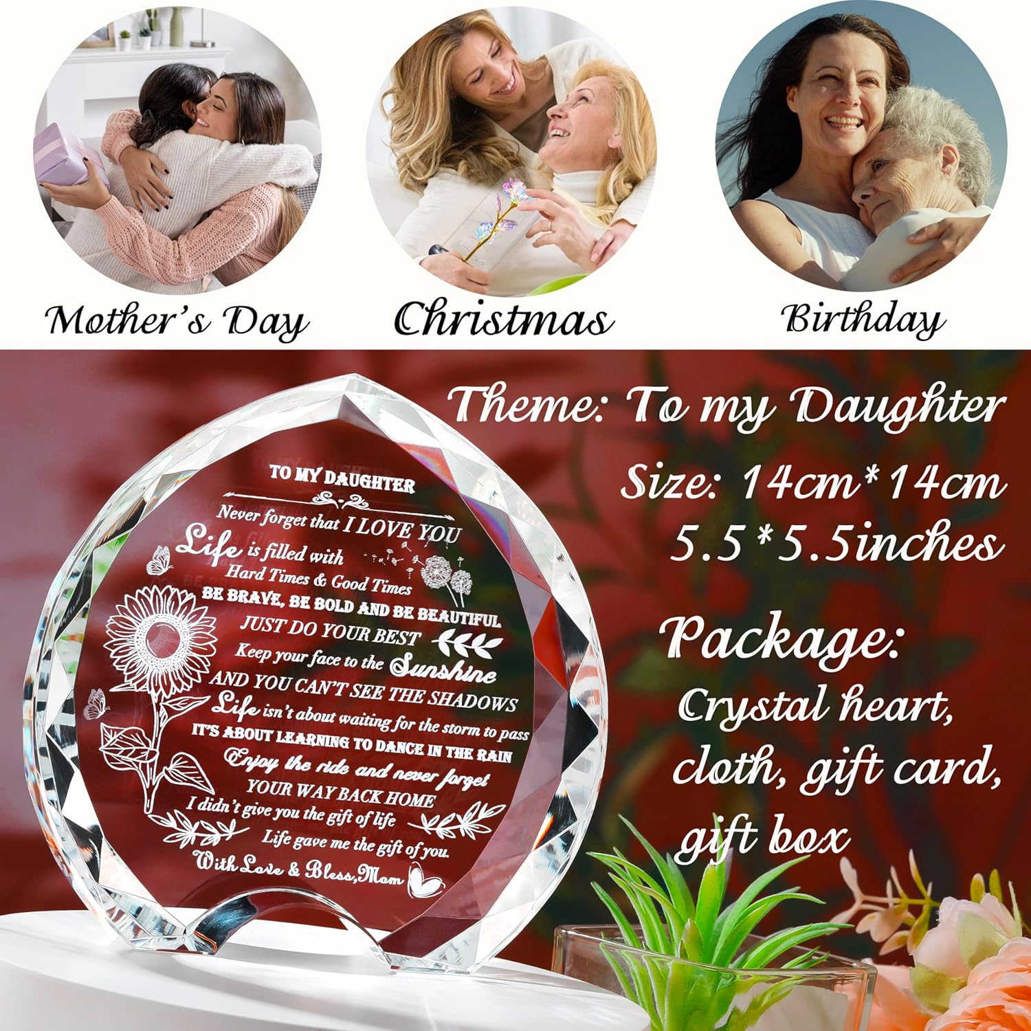 Gifts for Daughter from Mom Unique - Crystal Heart Gifts Personalized Gifts for Daughter Best Graduation - Birthday Mothers Fathers Day Valentines Day gifts Ideas to My Adult Grown Daughter