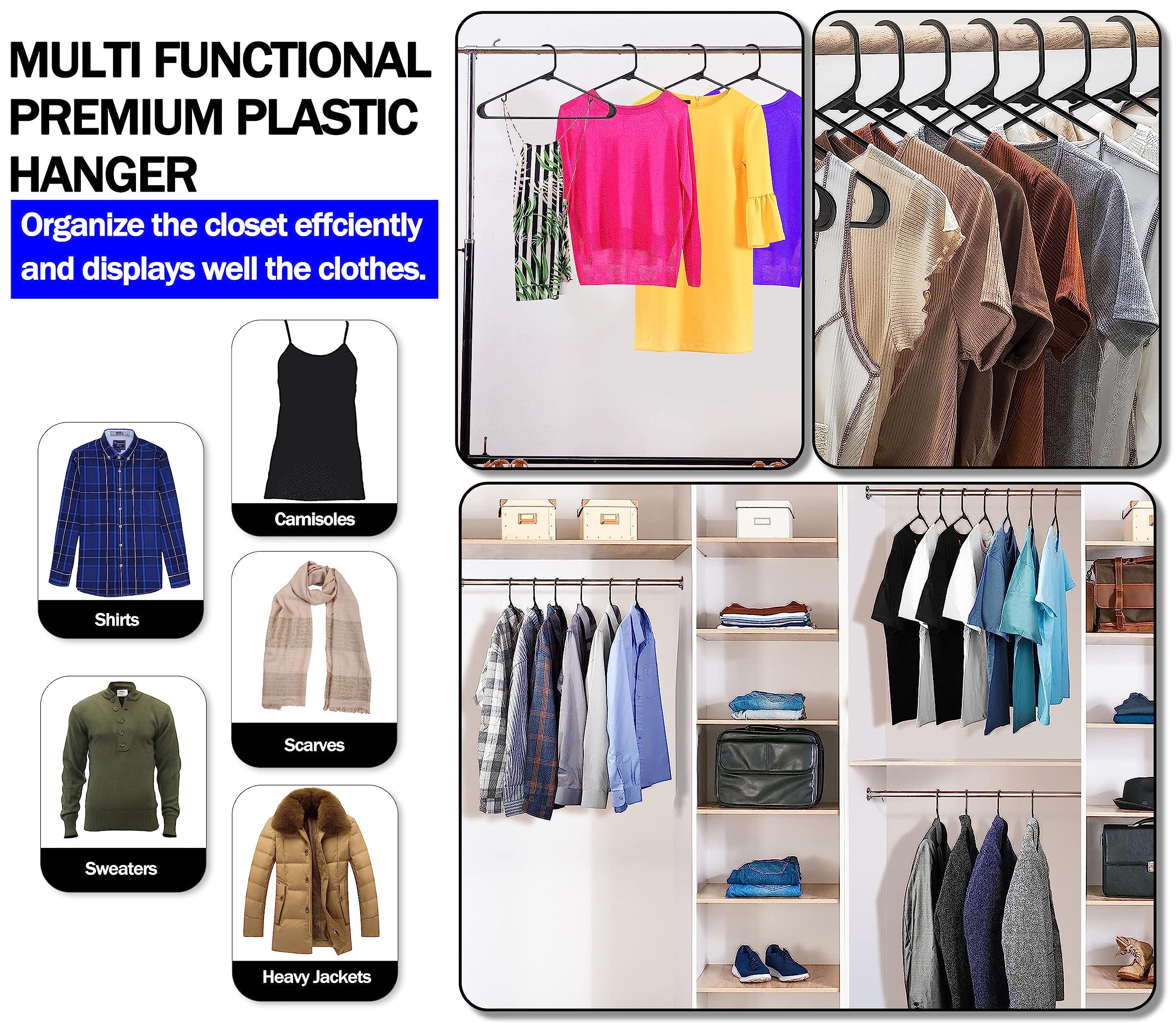 GVTECH Confezione da 50 grucce in plastica, resistenti, resistenti, con ganci, resistenti, leggere, salvaspazio, per cappotti, gonne, pantaloni, vestiti (confezione da 50, nero)