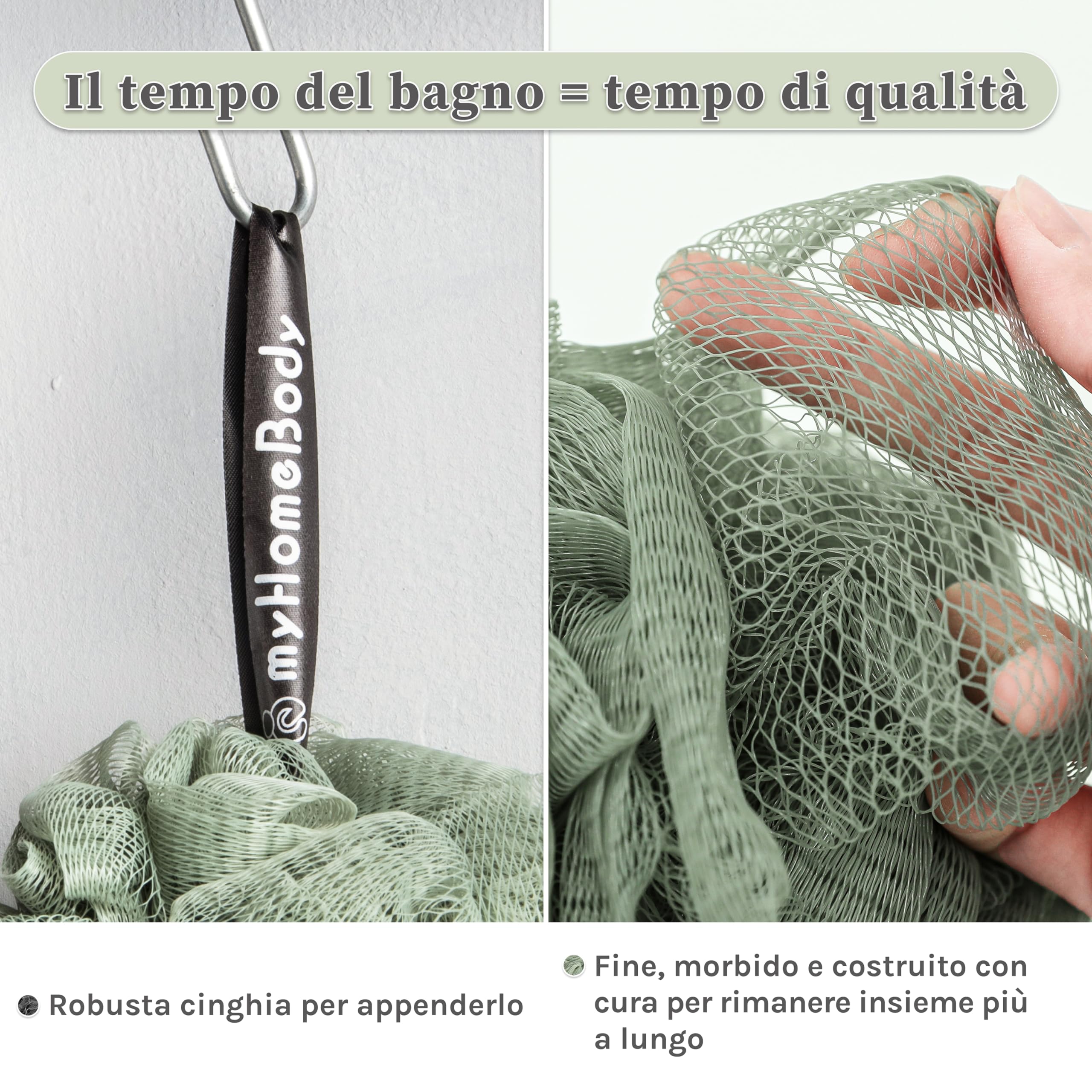 myHomeBody Spugna di luffa grande da 70 g, scrubber per il corpo, spugna da bagno, Spugna esfoliante - Pouf doccia con carbone attivo -2 Graphite Gray + 1 Sage Green, confezione da 3 pz