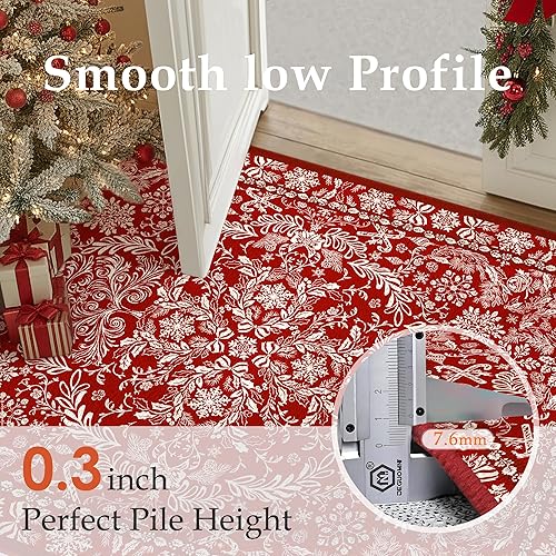 Miniatura 3 de Alfombra de Navidad 5 x 7, roja, lavable, antideslizante, para festividades, con renos y árbol de Navidad, para sala de estar, dormitorio, comedor,