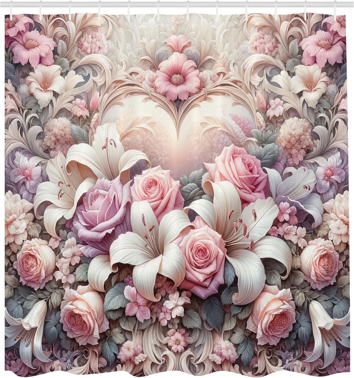 Ambesonne Romantic Shower Curtain, Royal Love Garden Blooming Roses Daisies Lily Flowers Pastel Tones, Cloth Fabric Bathroom Decor Set with Hooks, 69" W x 84" L, Pale Pink Peach and Lilac