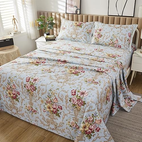 Miniatura 10 de ABREEZE Juego de sábanas de lujo 100% algodón natural puro, juego de ropa de cama de 4 piezas con estampado de cachemira dorada, calidad de hotel,