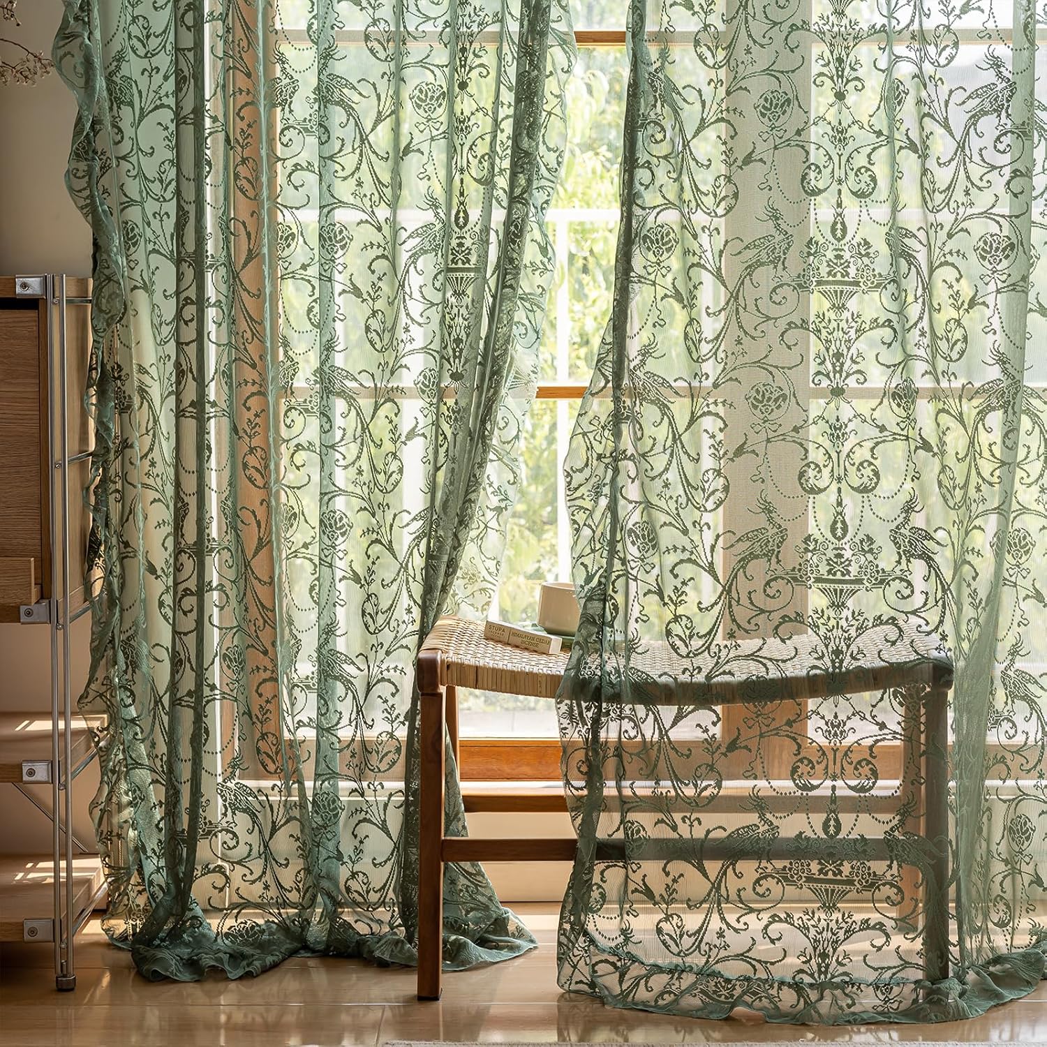Green Sheer Curtains 108 Inch Long for Living Room - Shabby Chic Lace Floral Ruffled Curtains Elegant Knitted Privacy Rod Pocket Emerald Green Spring/Summer Decor1 Pair, 59 x 108 Inch