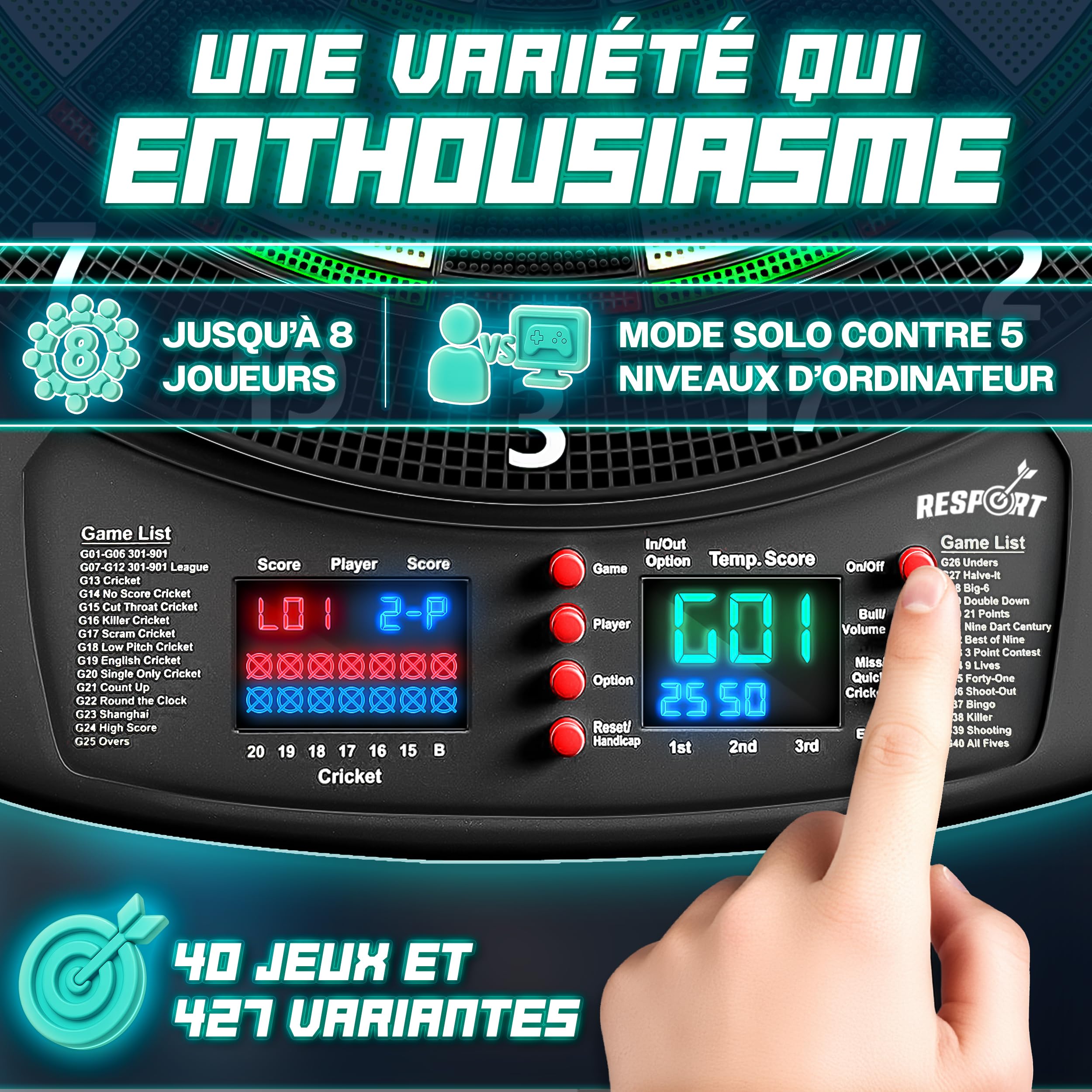 RE:SPORT® Cible de fléchettes électronique professionnelle avec 12 flèches + 24 ailettes Pro + 100 pointes de fléchettes et accessoires | Machine à fléchettes E pour 1 à 8 joueurs avec 427 variantes |