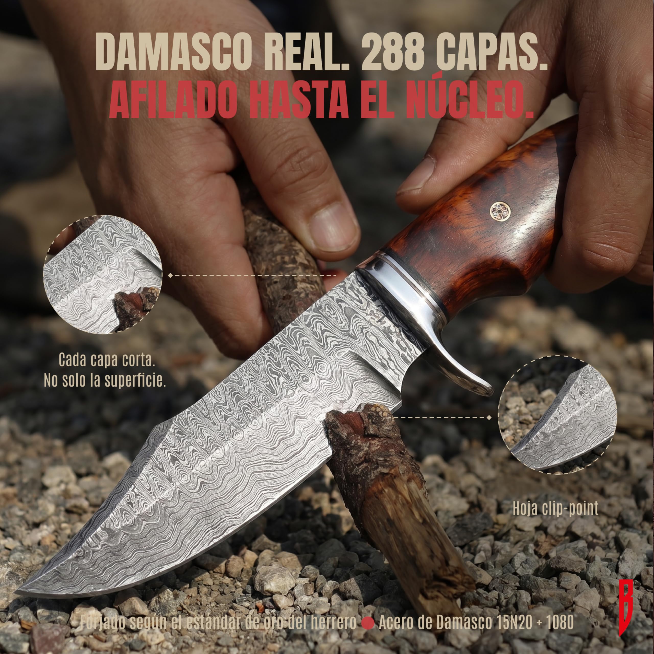 BIGCAT ROAR Cuchillo de Caza Premium Hecho a Mano de Acero de Damasco con Funda - 25 cm Hoja Fija con Mango de Madera de Nogal - Cuchillo Multiuso para Hombre - Bear Hunter