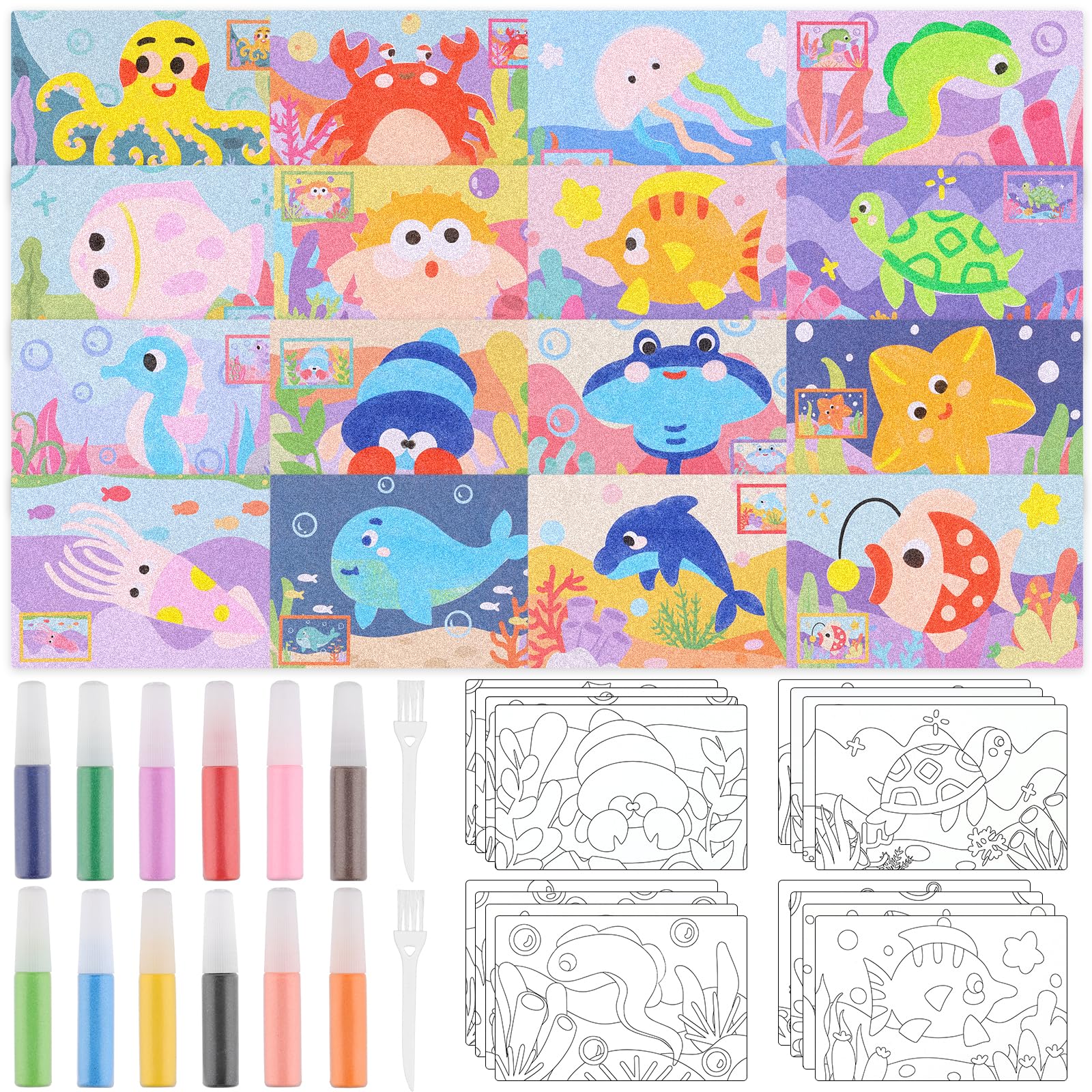 Augenstern 30 Sets Ocean Animal Sand Art Kits DIY Ocean Craft Colored Sand Art Painting Cards Set Coloring Craft Kits for Arts Crafts Fun Home Activities School Class Rewards