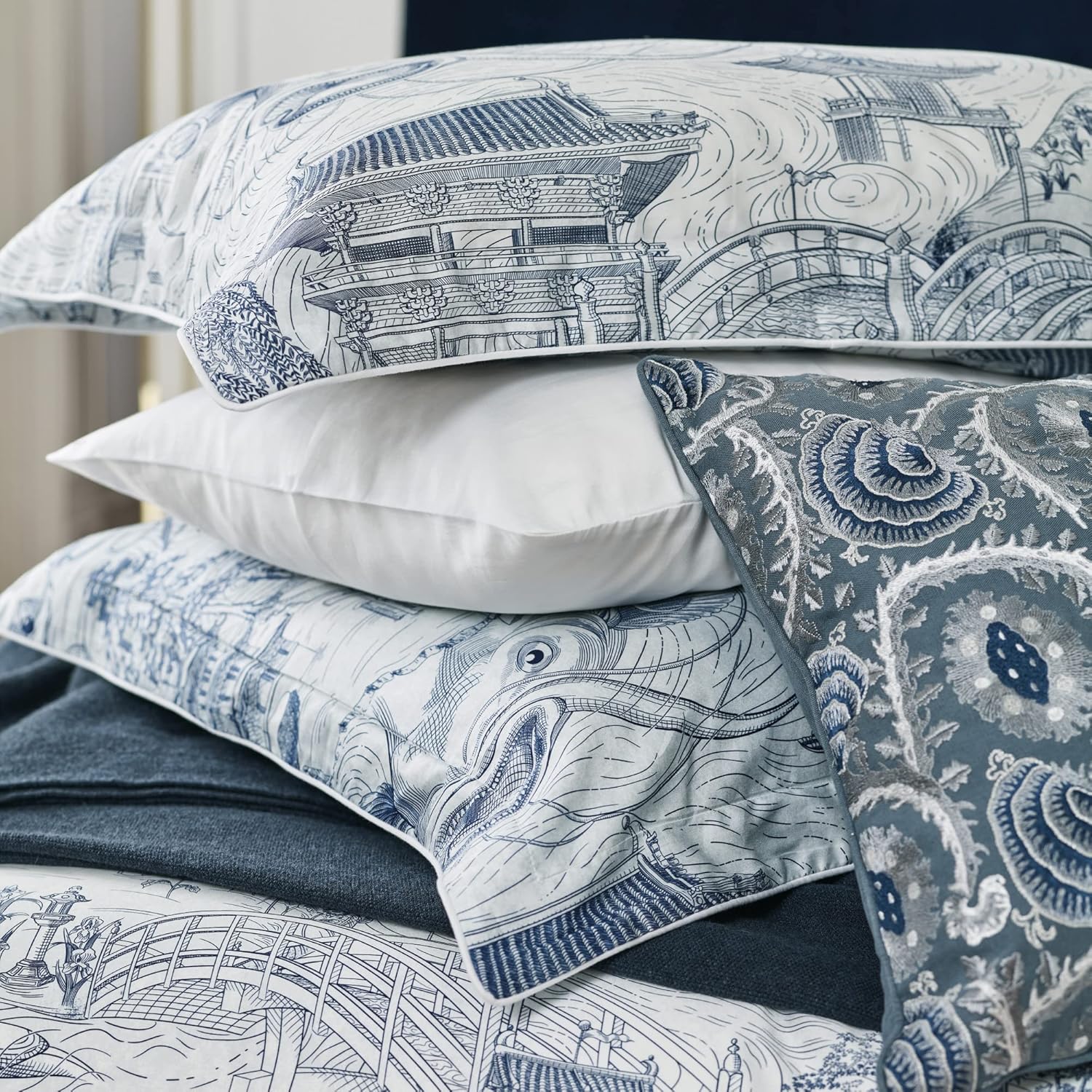 King Size Pillow Sham Cover 400 Thread Count Cotton Sateen All Season Reversible Breathable Envelope Closure Soft 20 x 36 Inches, King, Indigo Blue