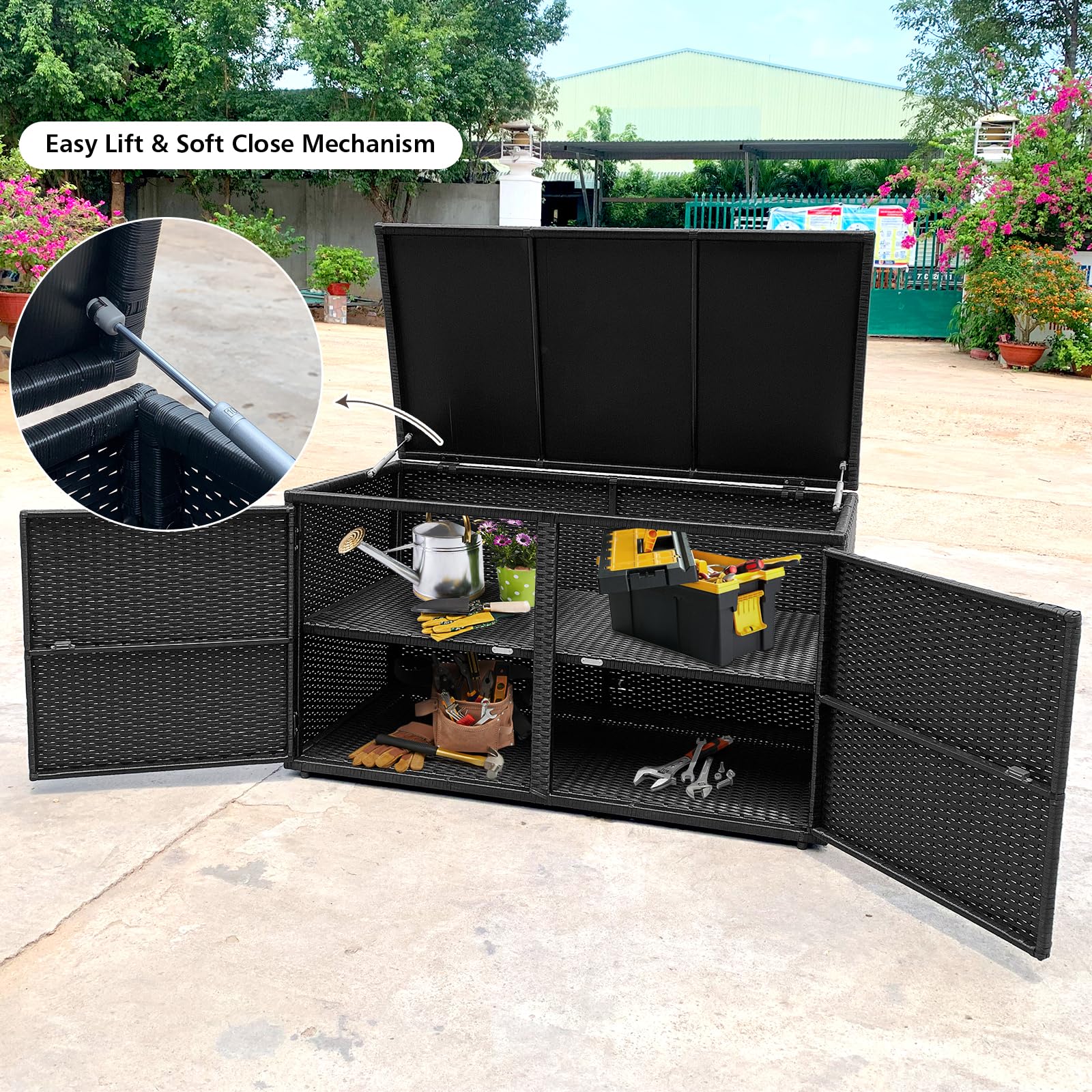 HOMASIS Baule da Esterno in PE Rattan, Cassapanca Contenitore a 2 Livelli, Panca Contenitore da Esterno Multiuso, 115 x 60 x 65 cm (Nero)