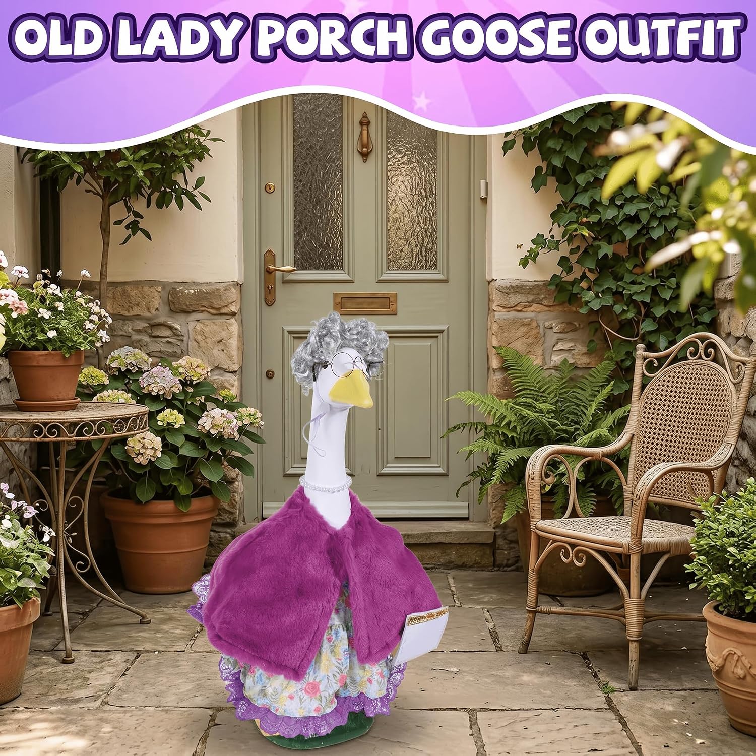 OBUSATT Old Lady Porch Goose Outfits Grandma Geese Costume Set Goose Clothes Glasses Pearl Necklace and Silver Wig Fit for 23" Lawn Decor Outdoor Garden Yard Patio Statue Back to School Decoration image 4