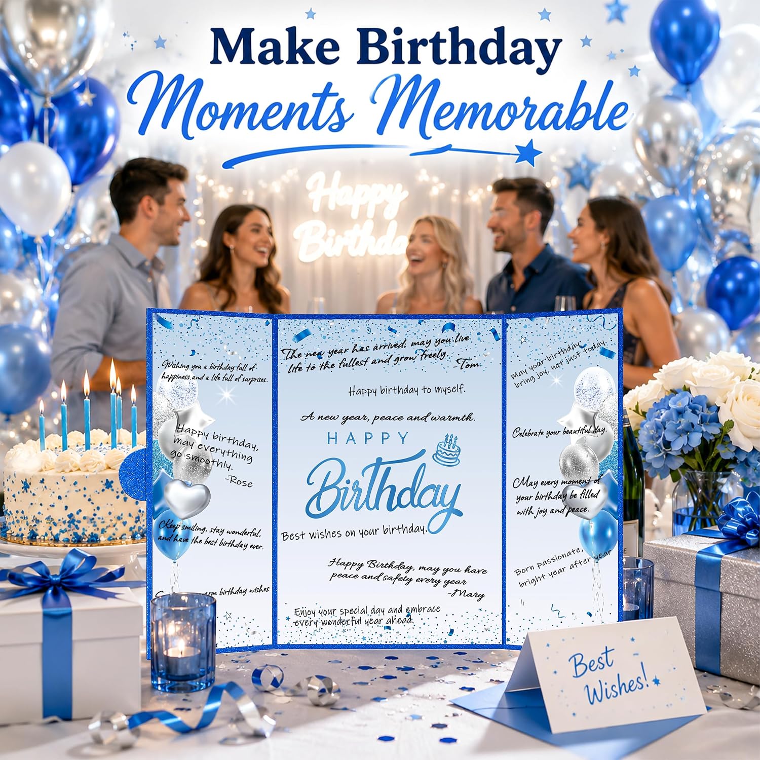 Blue Silver Birthday Guest Book Alternative for Women Men, Happy Birthday Signature Sign in Board, Folding Birthday Decorations Keepsake for 18th 21st 30th 40th 50th 60th