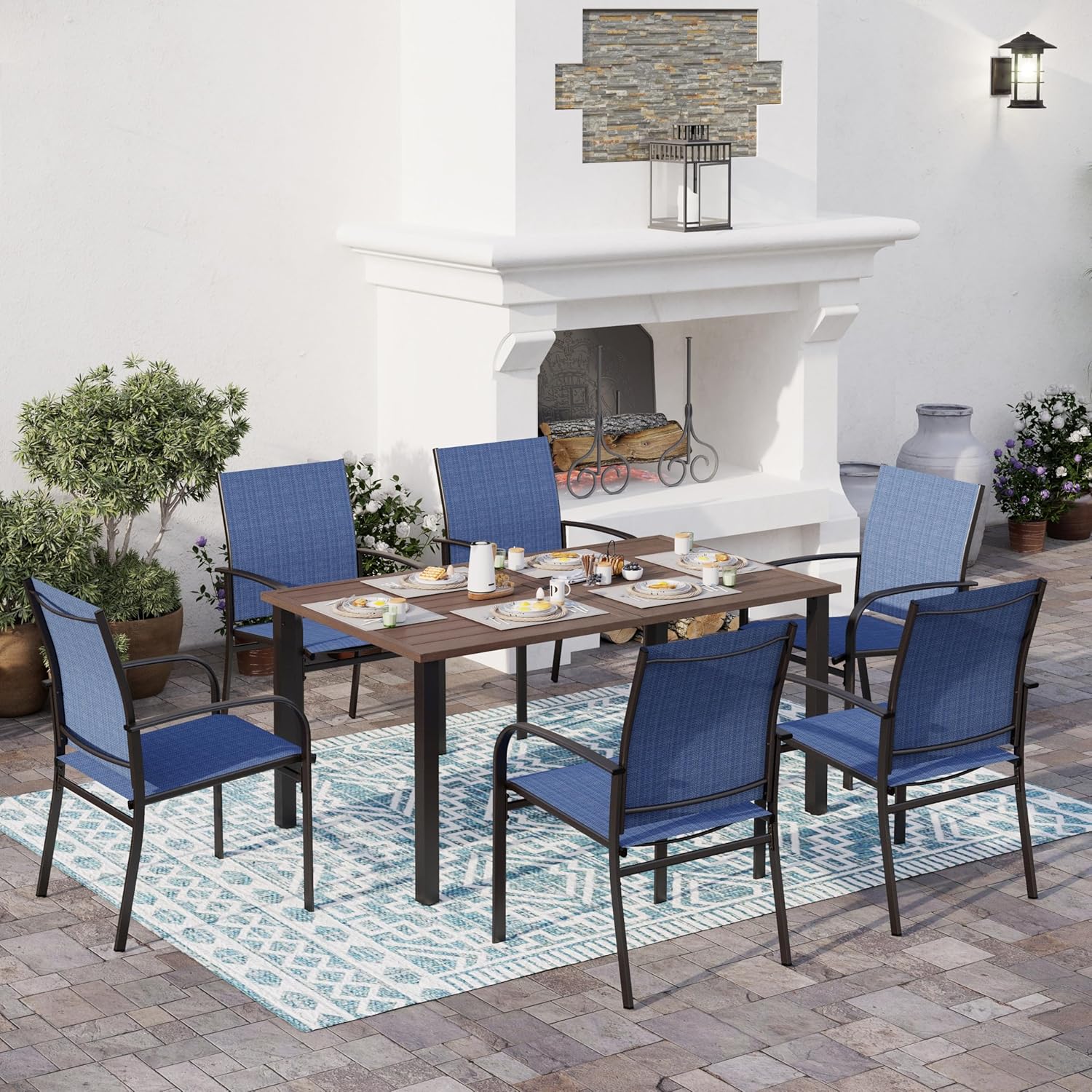 SUNSHINE VALLEY Patio Dining Sets for 7,Outdoor Dining Blue Chairs Rectangular Dining Table with 1.57” Umbrella Hole Teak Color Table Top for Outdoor Kitchen Lawn Garden,Bistro,Deck.