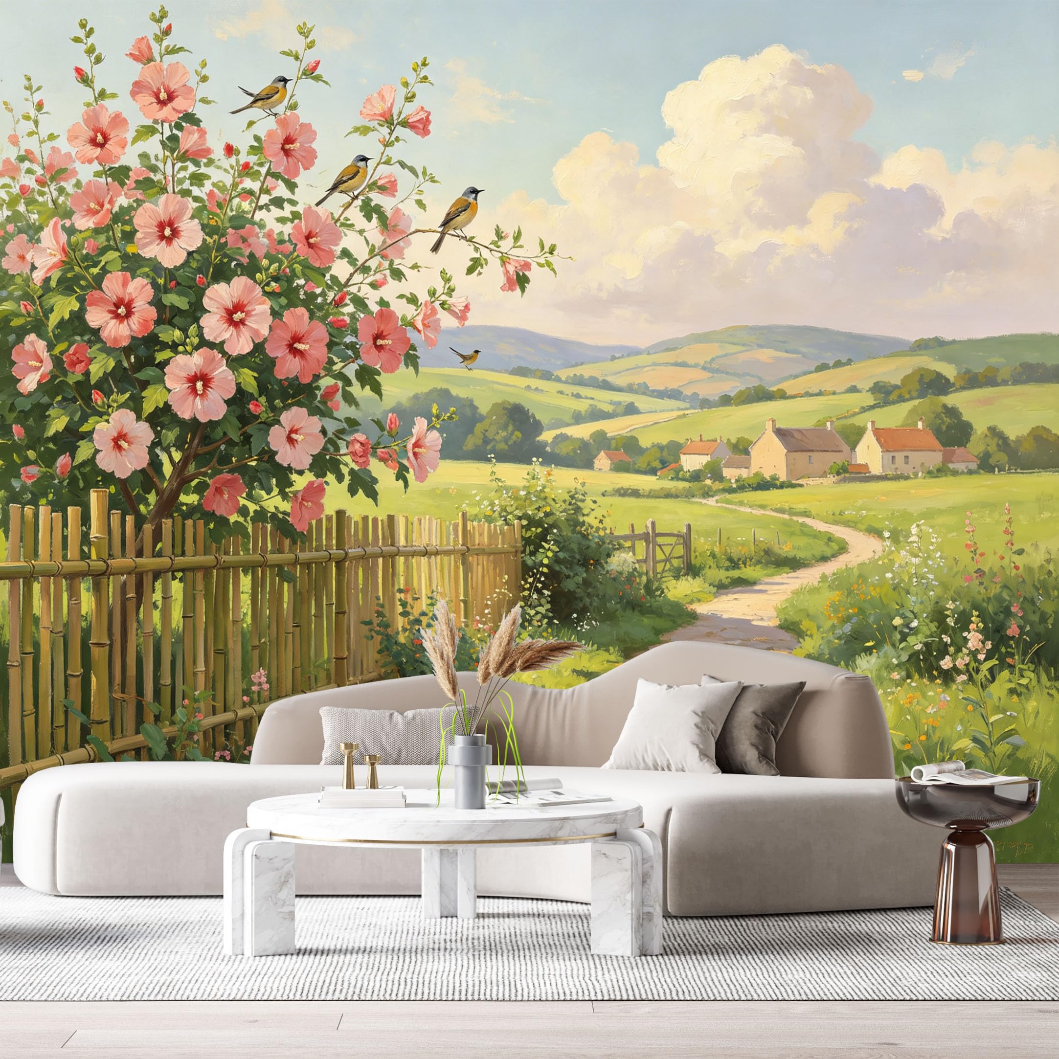 Custom Size Wall Murals Botanical Farmhouse Oil Painting Pink Hibiscus Flowers Birds Path Rabbit House SelfAdhesive Wall Fabric Removable Large Wallpaper for Photo Living Room