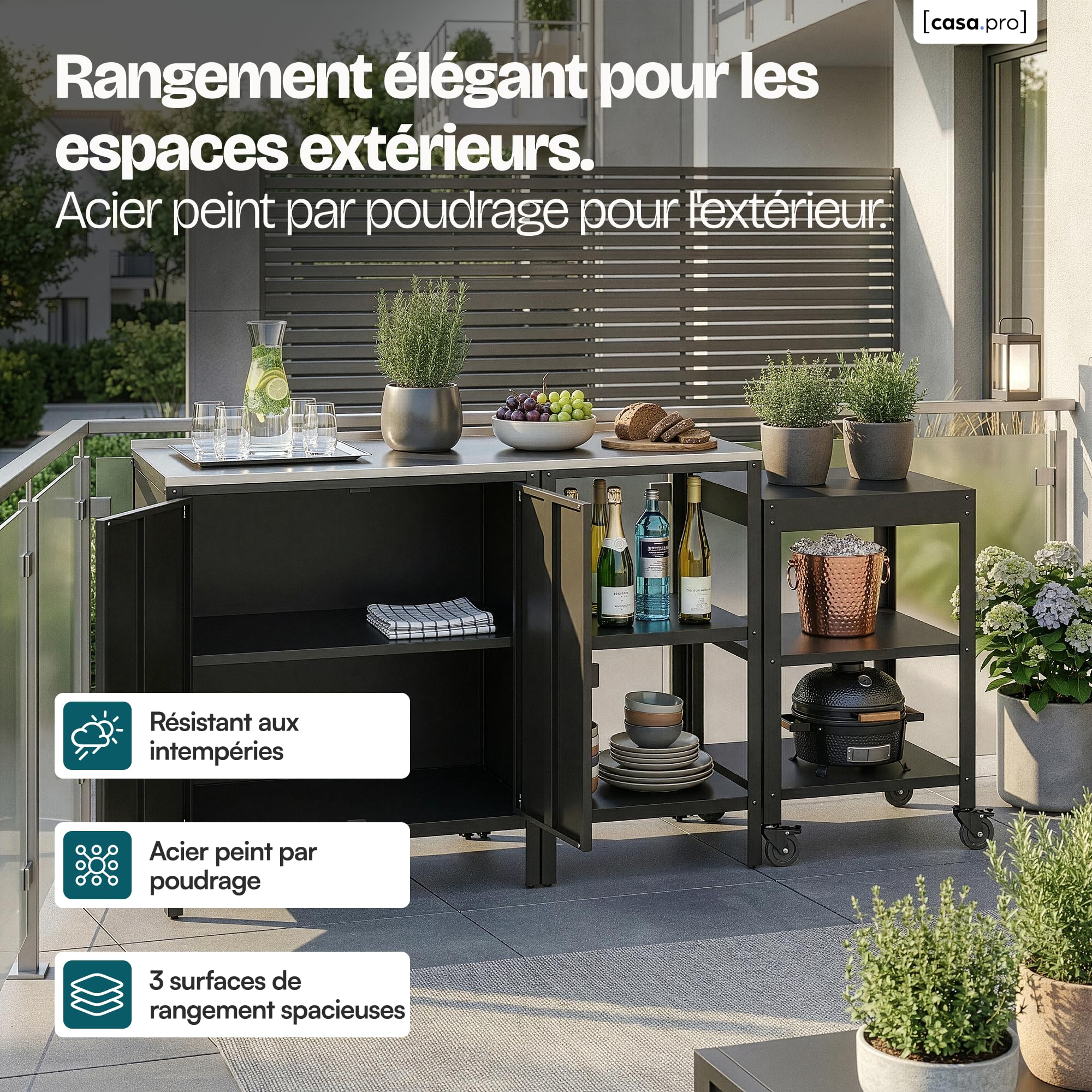 Ensemble de 3 Meubles Outdoor Bolognano Armoire d'Extérieur Chariot Barbecue Acier Noir Mat