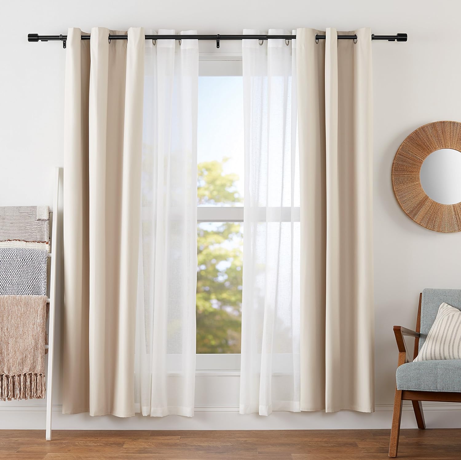 Amazon Basics Adjustable 1 Inch Double Curtain Rods for Windows, Cap Finials, 72" to 144", Black