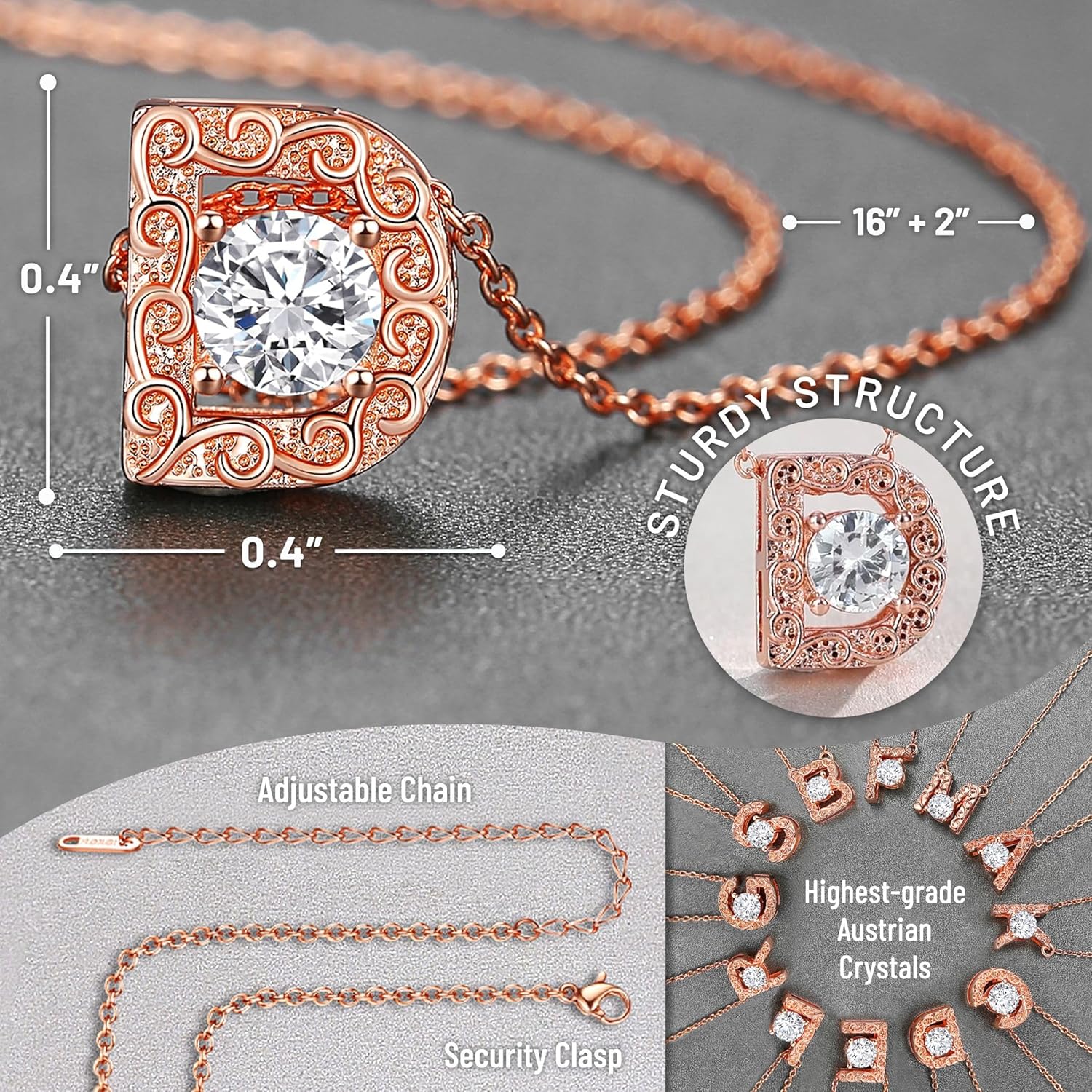 Leafael Initial Letter Necklaces for Women – Personalized 18K Rose Gold Plated Pendant Jewelry with Sterling Silver Chain, Monogram Gift A-Z, 16"+2" Choker - Image 3