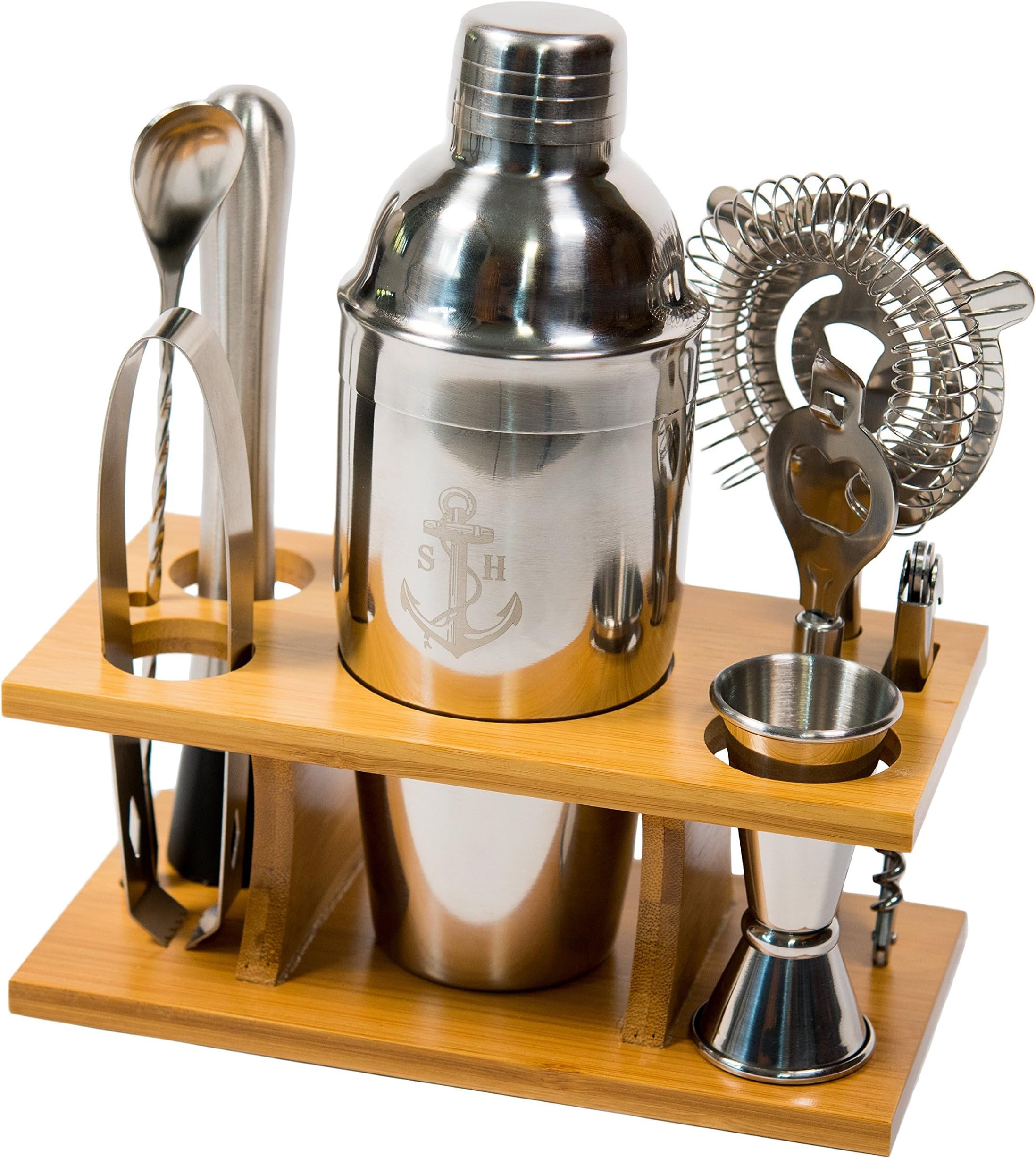 Stock Harbor 9 Piece Stainless Steel Bartender Set with Bamboo Base Kitchen Accessories Cocktail Bar Tool Set