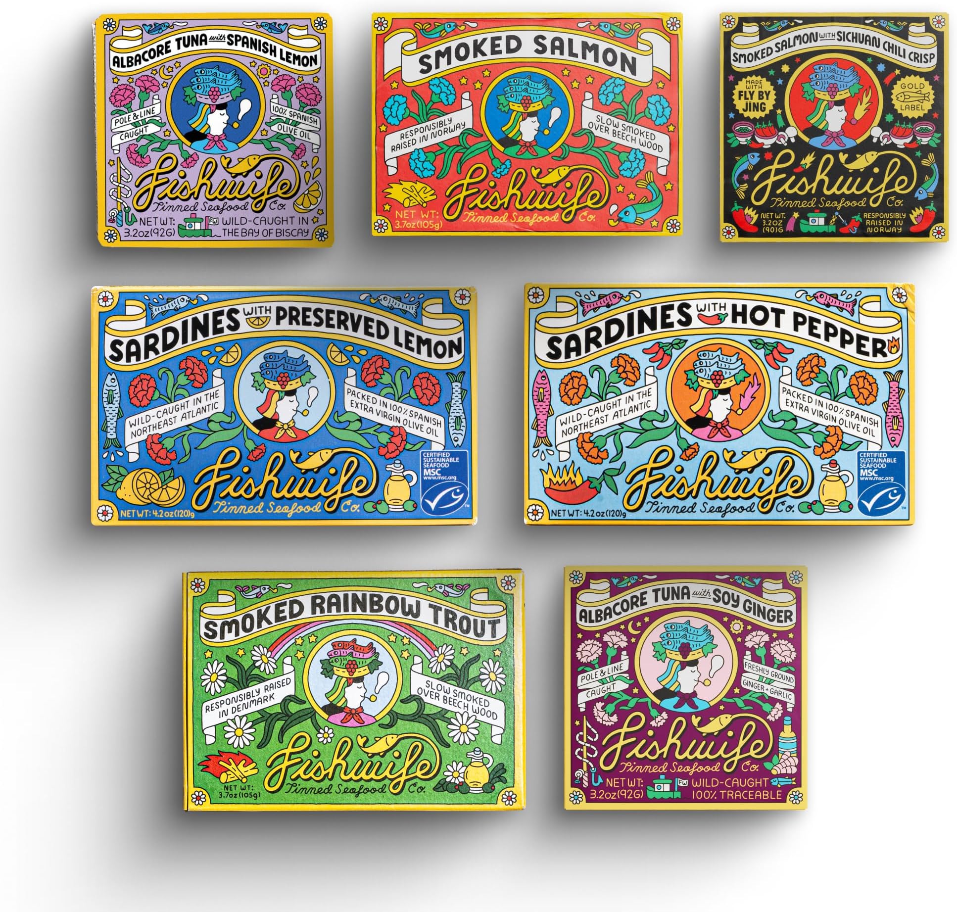 Fishwife Starter 7-Pack (Variety of Tinned Seafood including Smoked Salmon, Rainbow Trout, Sardines, Tuna & More!) | Gluten Free, High Protein, Omega-3s | Hand-Packed
