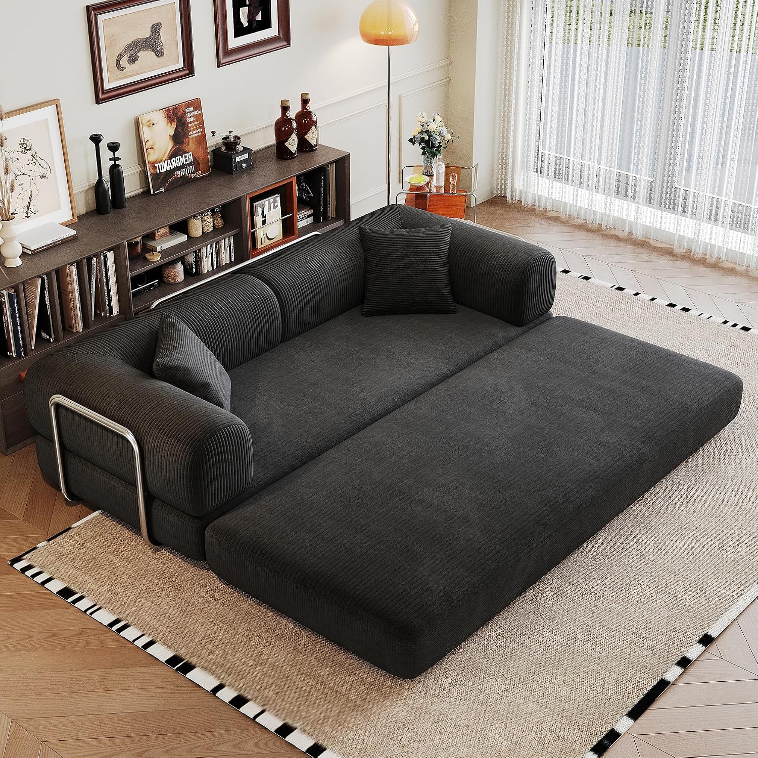 79" Boneless Sectional Couch, Corduroy Convertible Sofa Bed with Support Rods, No Assembly Pull Out Couch with Pillows for Living Room, Black