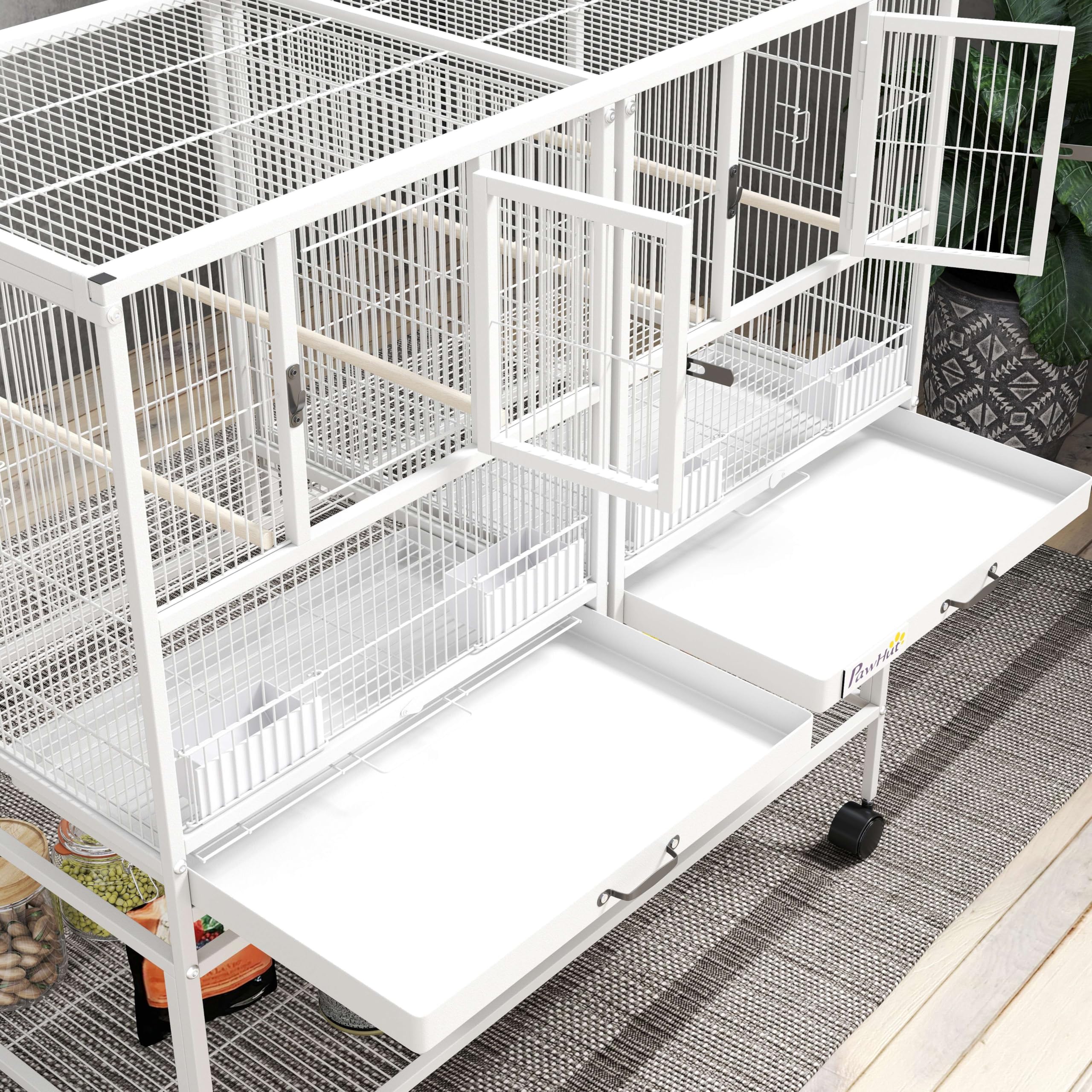 PawHut Jaula para Pájaros Grande con Divisor, Pajarera Doble con Ruedas, 4 Comederos, 4 Perchas, Estante, 2 Bandejas Extraíbles, para Periquitos, Agapornis, Canarios, 95x45,5x102 cm, Blanco