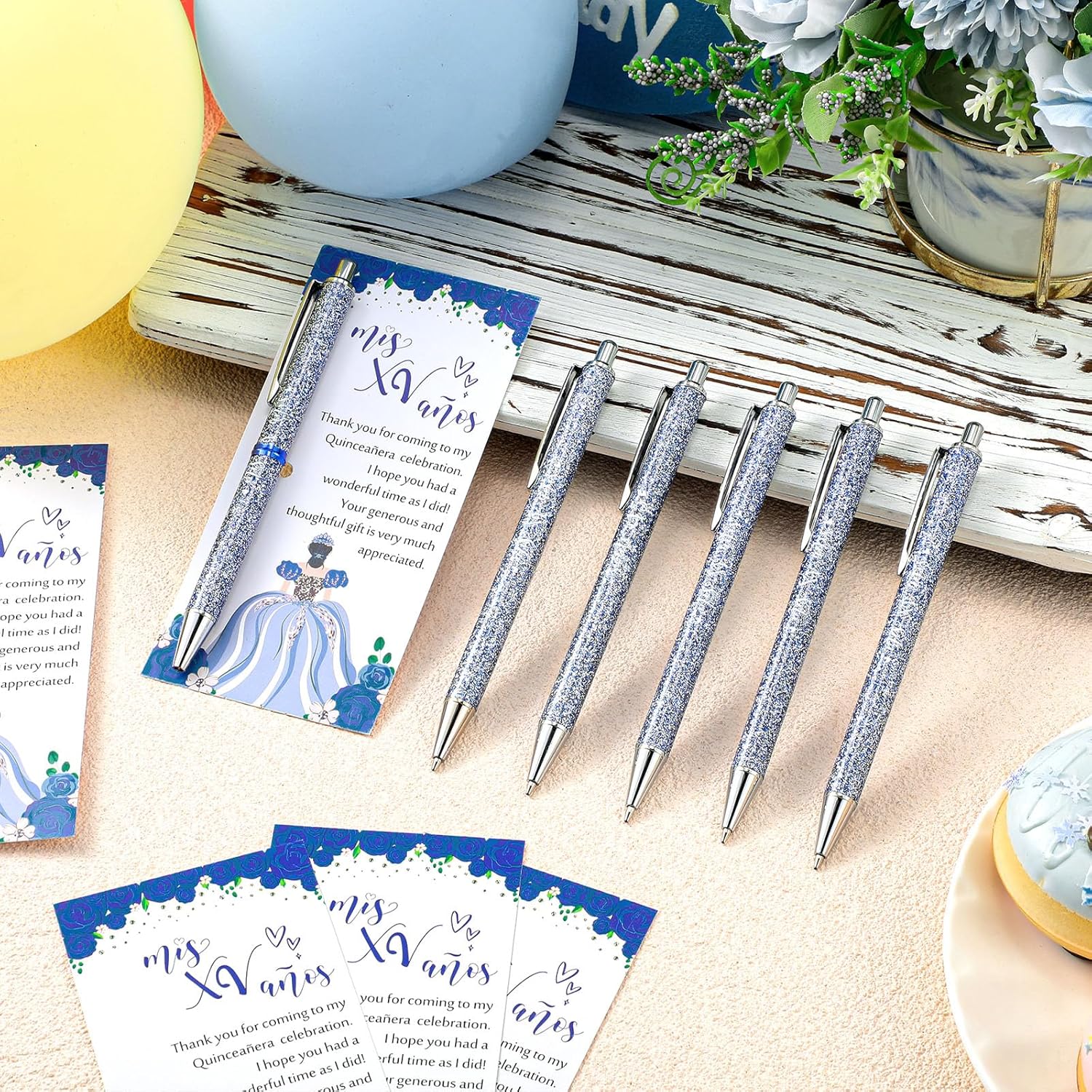 25 Sets Quinceanera Party Favors Gifts for Guests Include 25 Sweet 15 Glitter Ballpoint Pens with Thank You Cards 15th Birthday Mis XV Años Birthday Sweet Party Favors(Dark Blue) - Image 4