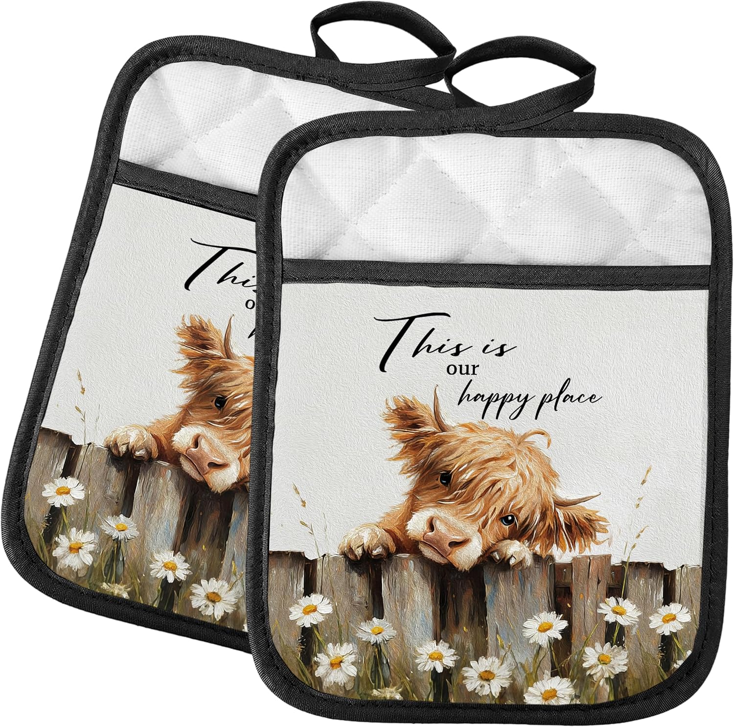 Farmhouse Daisy Highland Cow 2 Pcs Pot Holders with Pocket, Highland Cow Gifts for Women, This is Our Happy Place Heat Resistant Potholders Hot Pad for Kitchen Baking Cooking