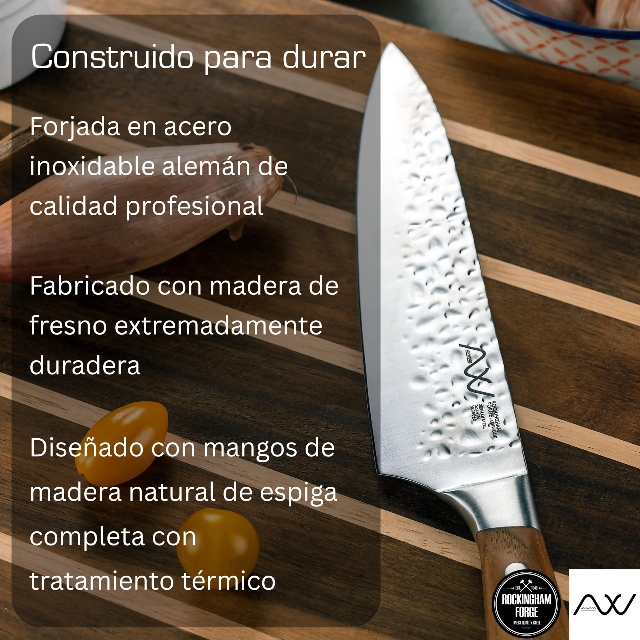 Rockingham Forge Ashwood Juego de 8 Cuchillos de Cocina de Madera con Afilador y Tijeras - Hojas Profesionales de Acero Inoxidable Alemán Ultraafiladas y Mango Duradera con Espiga Completa