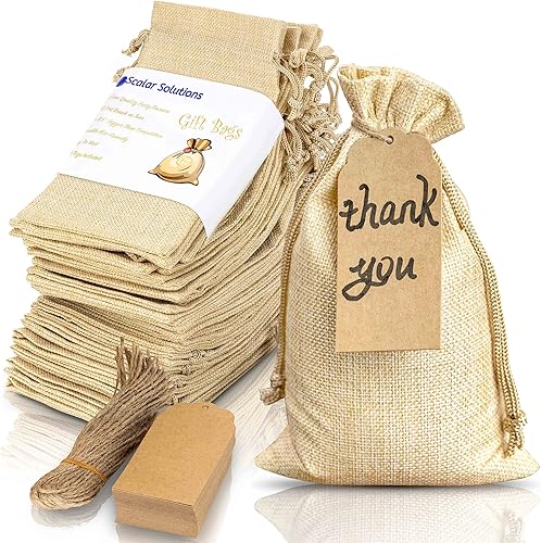 Miniatura 1 de SCALAR SOLUTIONS 50 bolsas de regalo de arpillera  Fácil de atar, no se rompe ni se rompe, grandes 5 x 8.5 pulgadas de yute de arpillera bolsas de