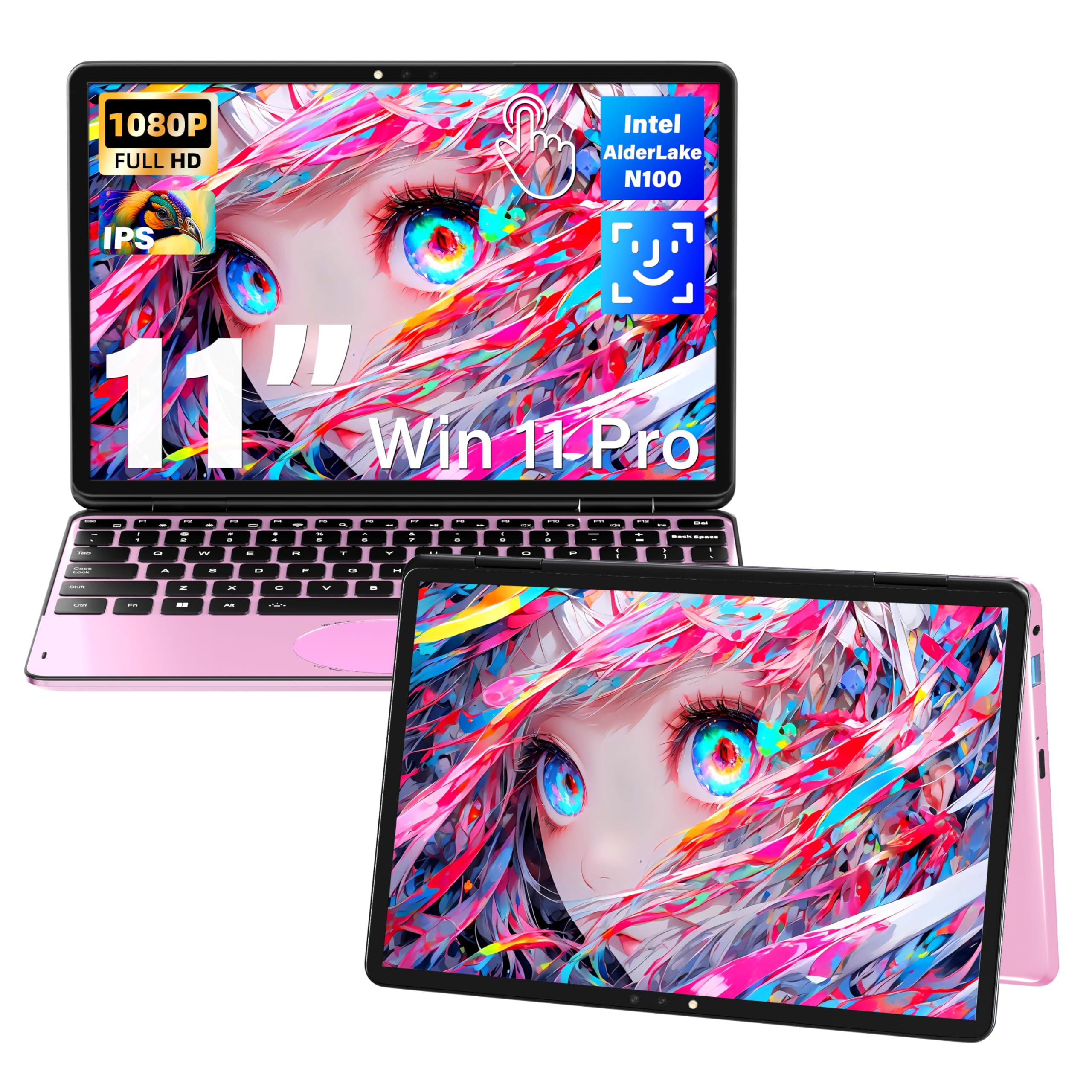11" Pink 2-in-1 Convertible Touchscreen Laptop, FHD (1920x1200) IPS Display, in tel N100 Processor, 16GB RAM 1TB SSD, Facial Recognition, Backlit KB, USB-C,Win 11 Pro for Students & Travel