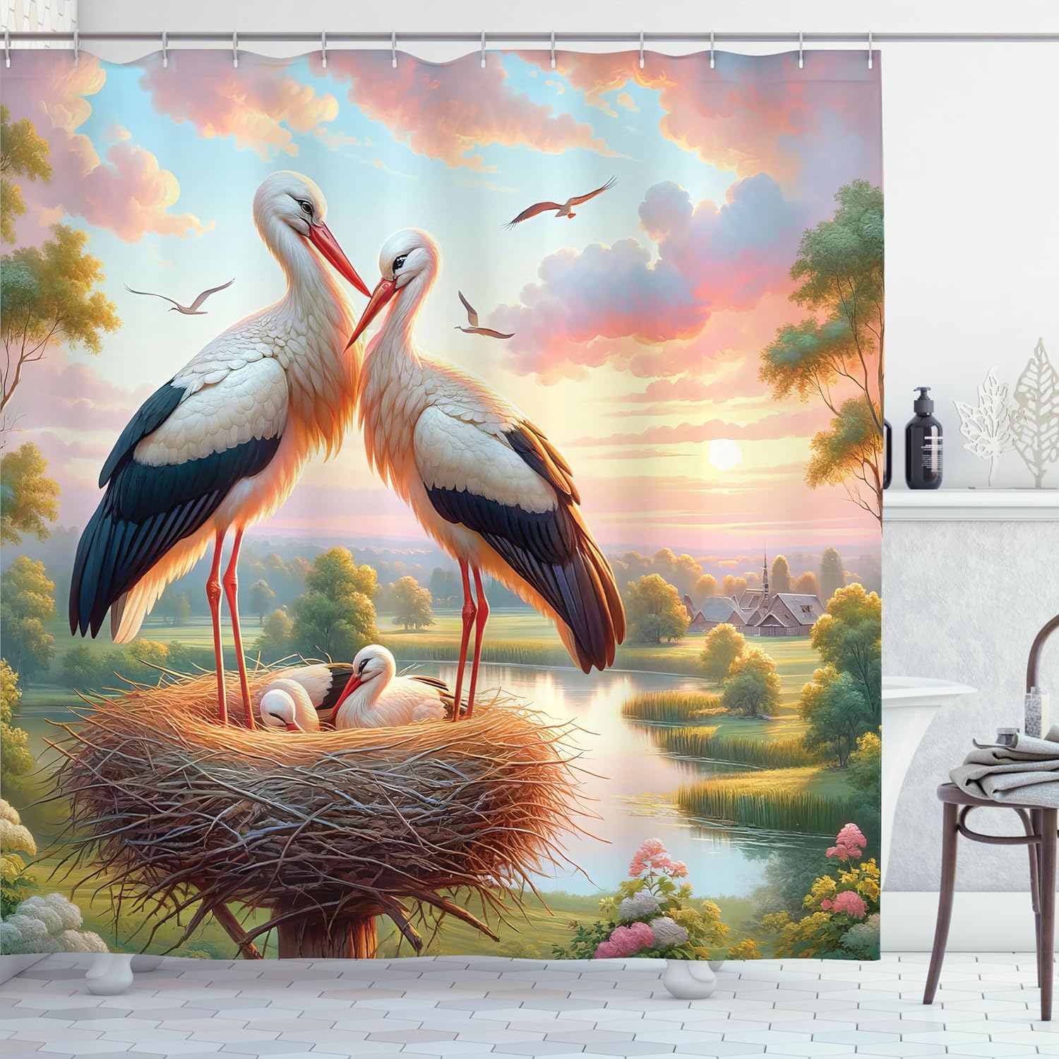 Ambesonne Birds and Nature Shower Curtain, Romantic Scenery of a Stork Family and Dreamy Meadow and Lake, Cloth Fabric Bathroom Decor Set with Hooks, 69" W x 84" L, Fern Green Multicolor