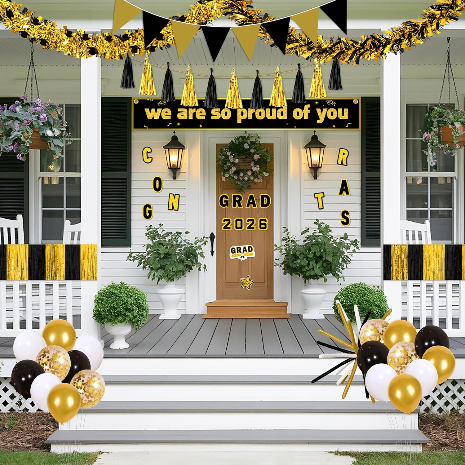 58pcs Graduation Car Decorations 2026 Set – Black Gold Magnets Tinsel Garlands Banners Balloons Kit for Class of 2026 Party, Parade Float, Indoor Outdoor Hanging Decor