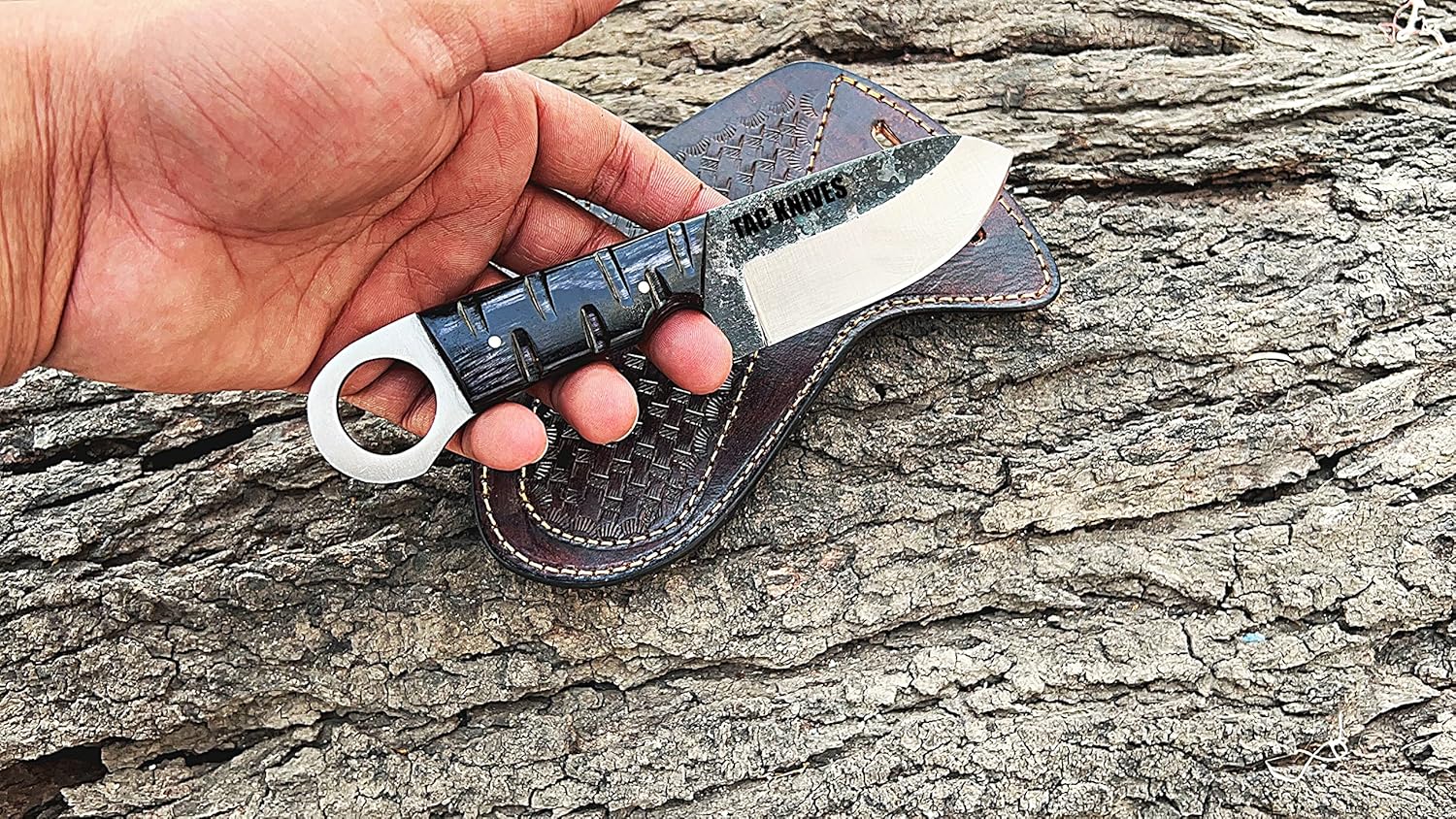 TAC KNIVES 7'' Full Tang Fixed Blade Outdoor Camping Hunting Knife In Sheath Gift For Him | 1095 High Carbon Steel Bushcraft Survival Knife Gift | Cowboy knives Pancake leather sheath (BLACK)